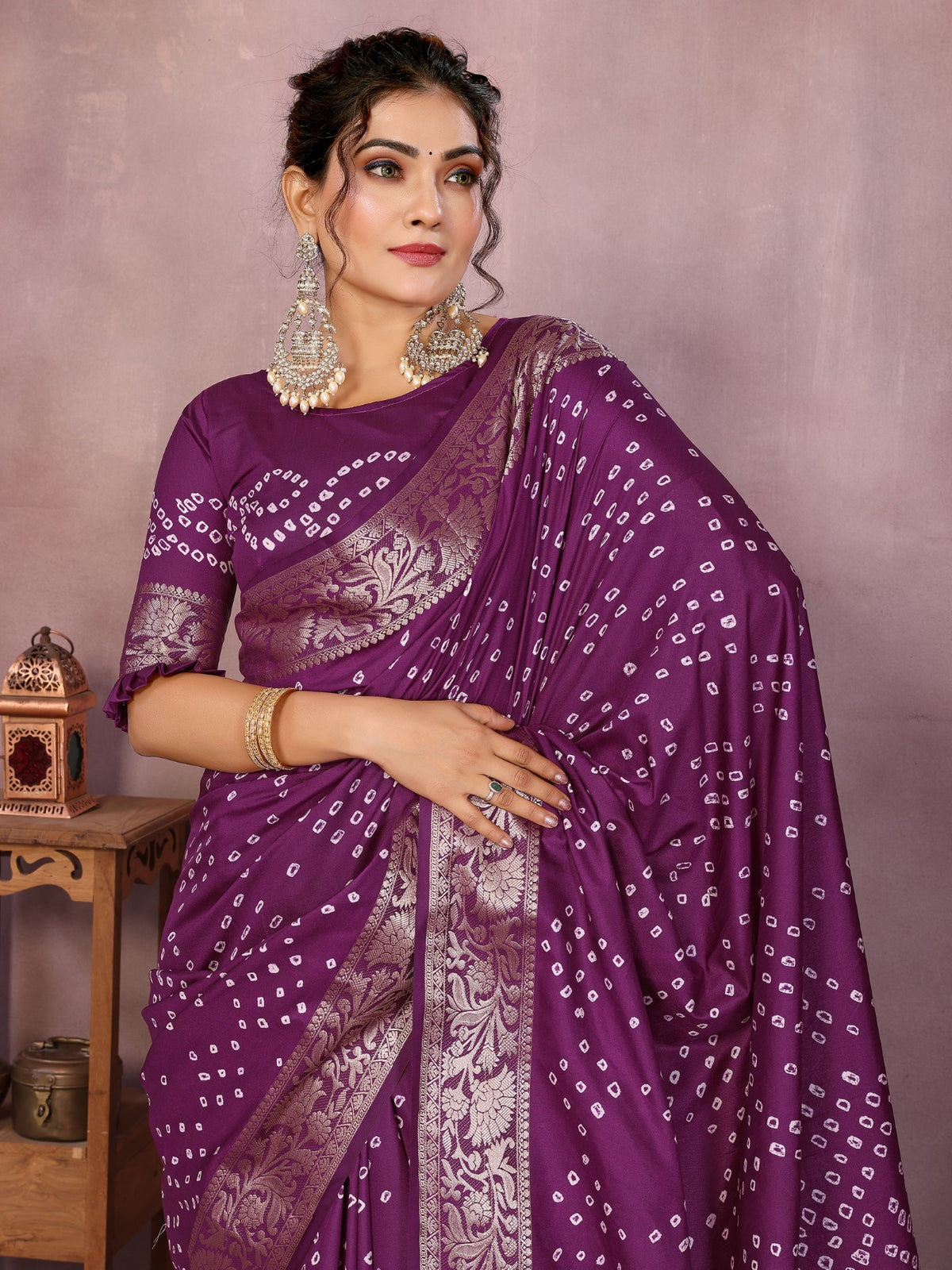 Wine Silk Saree With Bandhej And Designer Zari Weaving