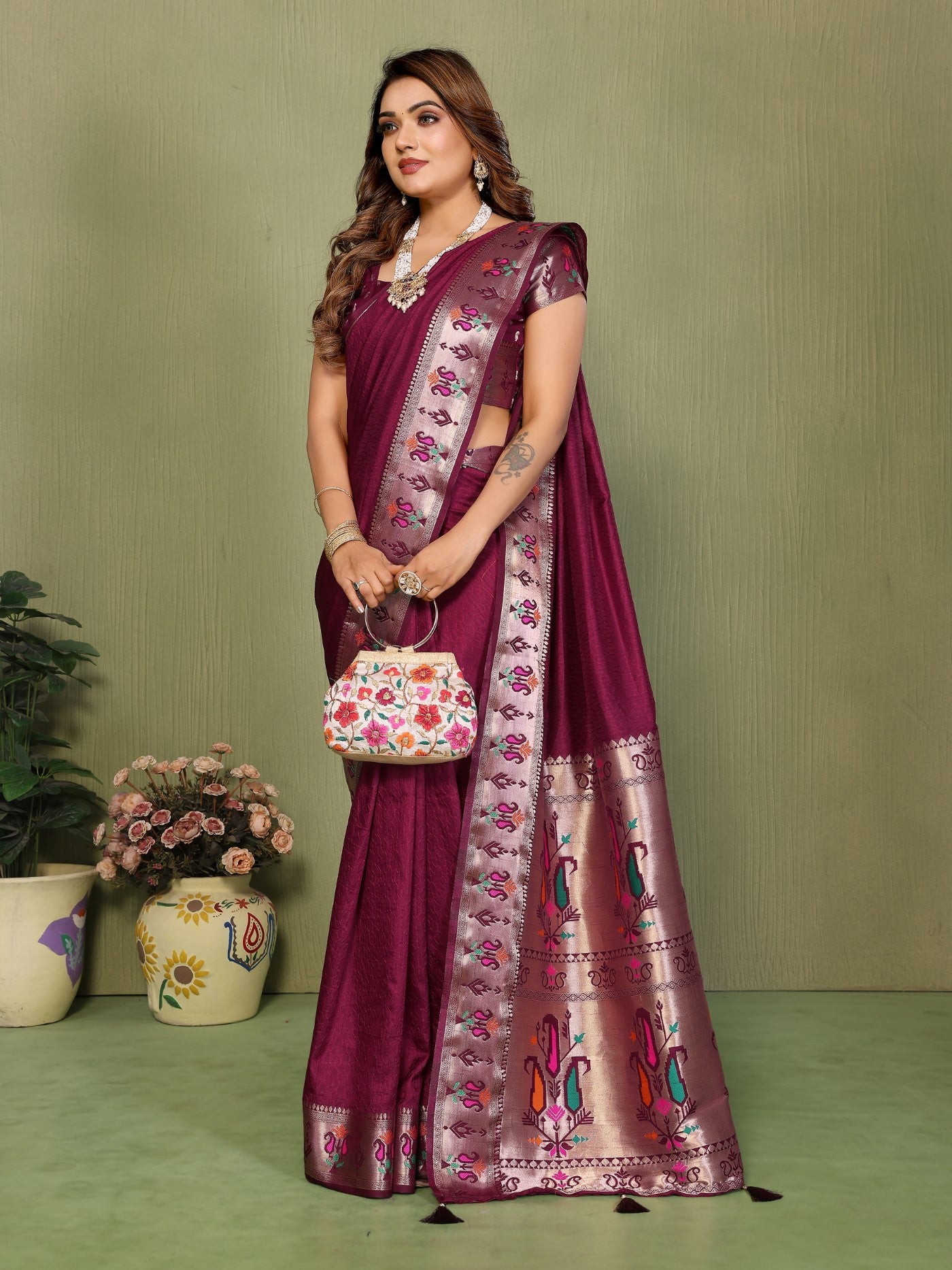 Wine Silk Saree With Classic Weaving