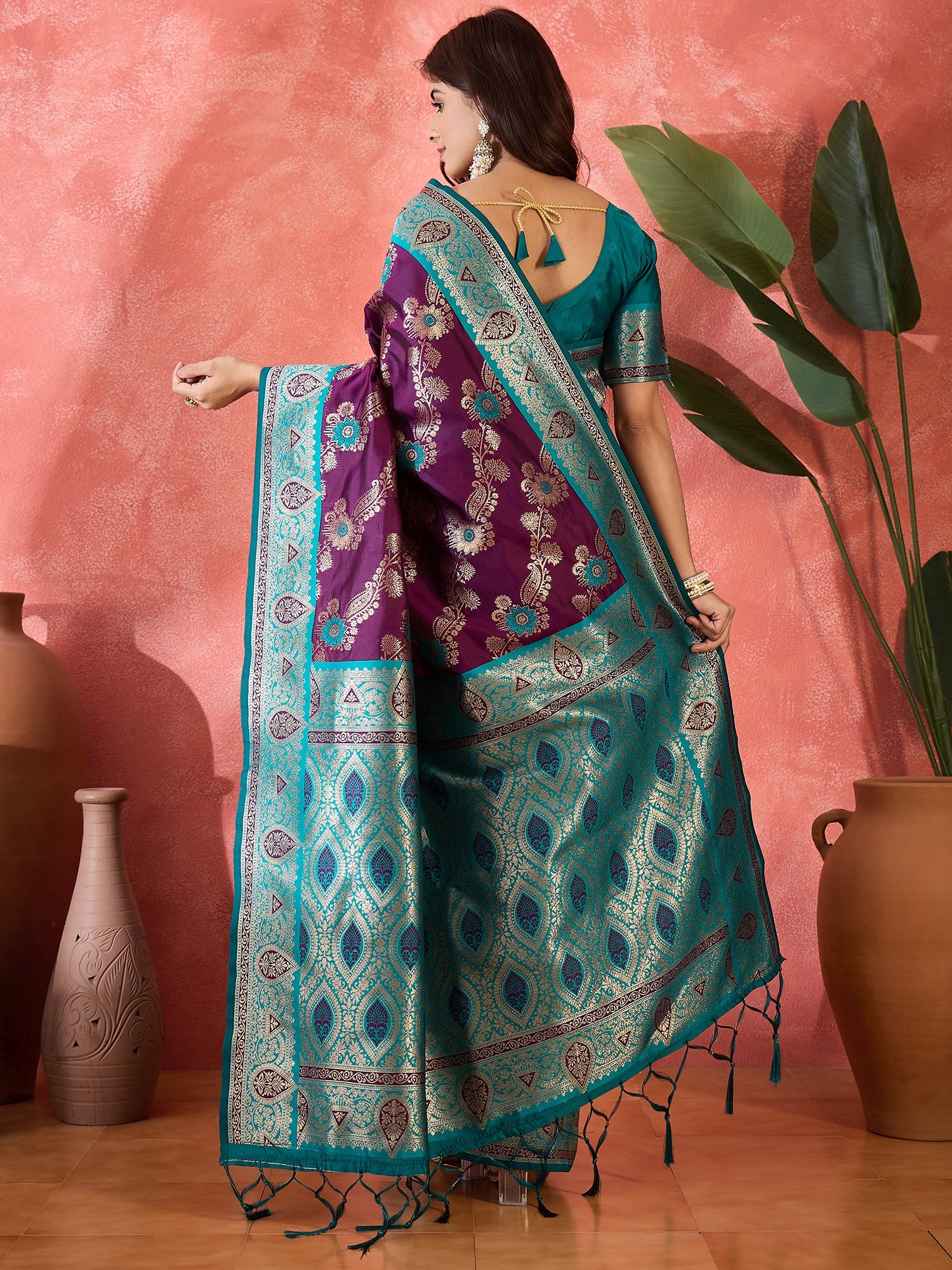 Wine Silk Woven Designer Partywear Ethnic Silk Saree