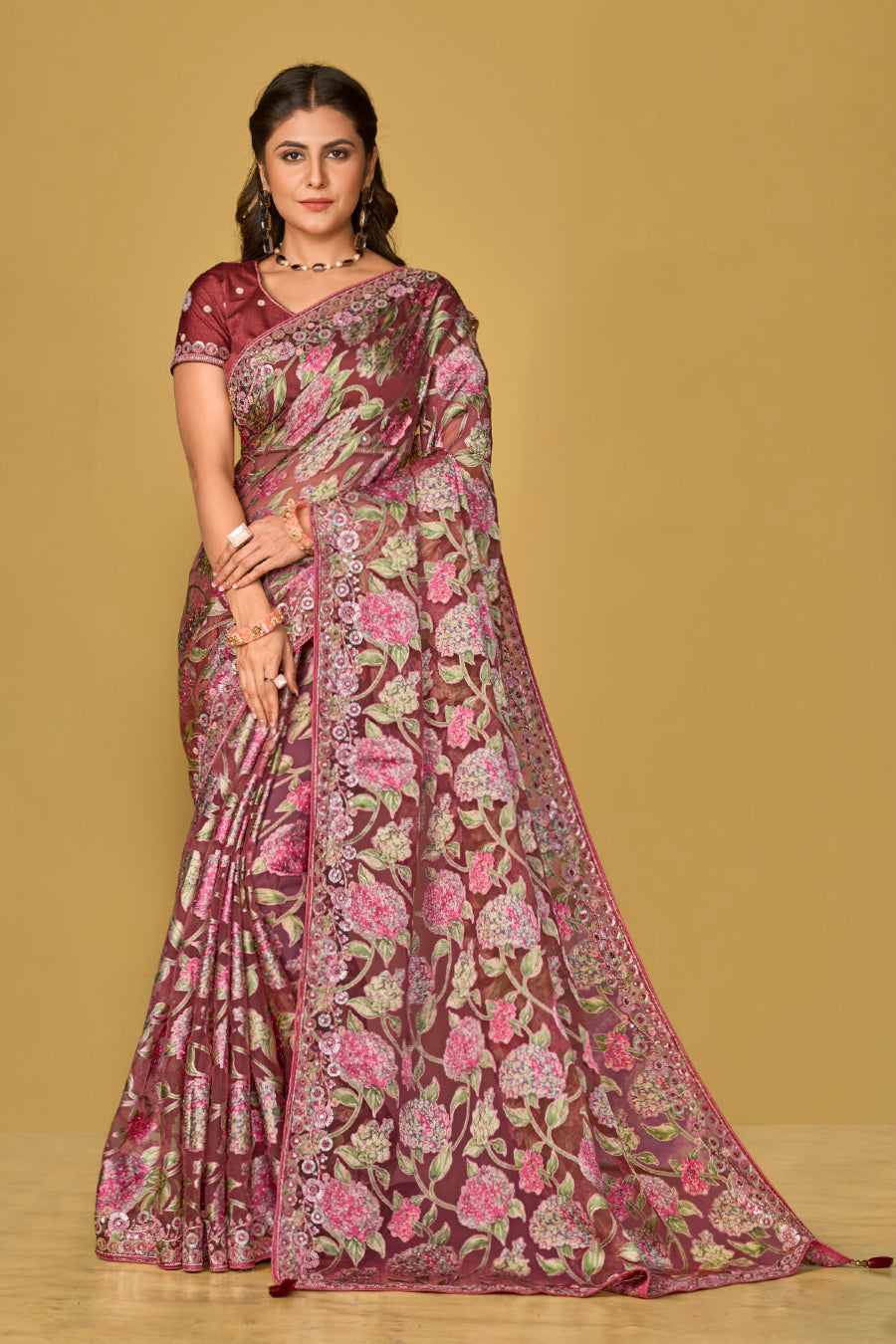 Wine Soft Organza Brasso Saree With Printed Saree With Piping, Embroidery Sequins Work