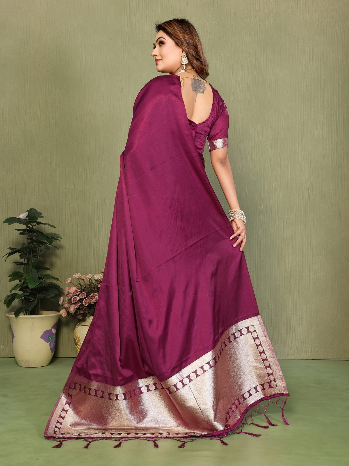 Wine Soft Satin Silk Saree With Traditional Zari Weaving