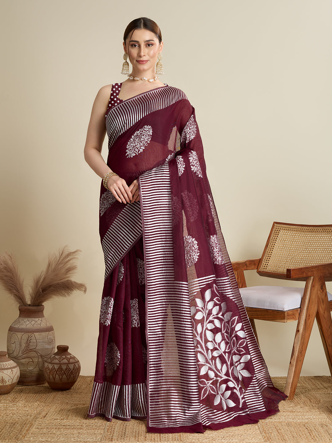 Wine Soft Silk Woven Flower Designer Stylish Partywear Saree