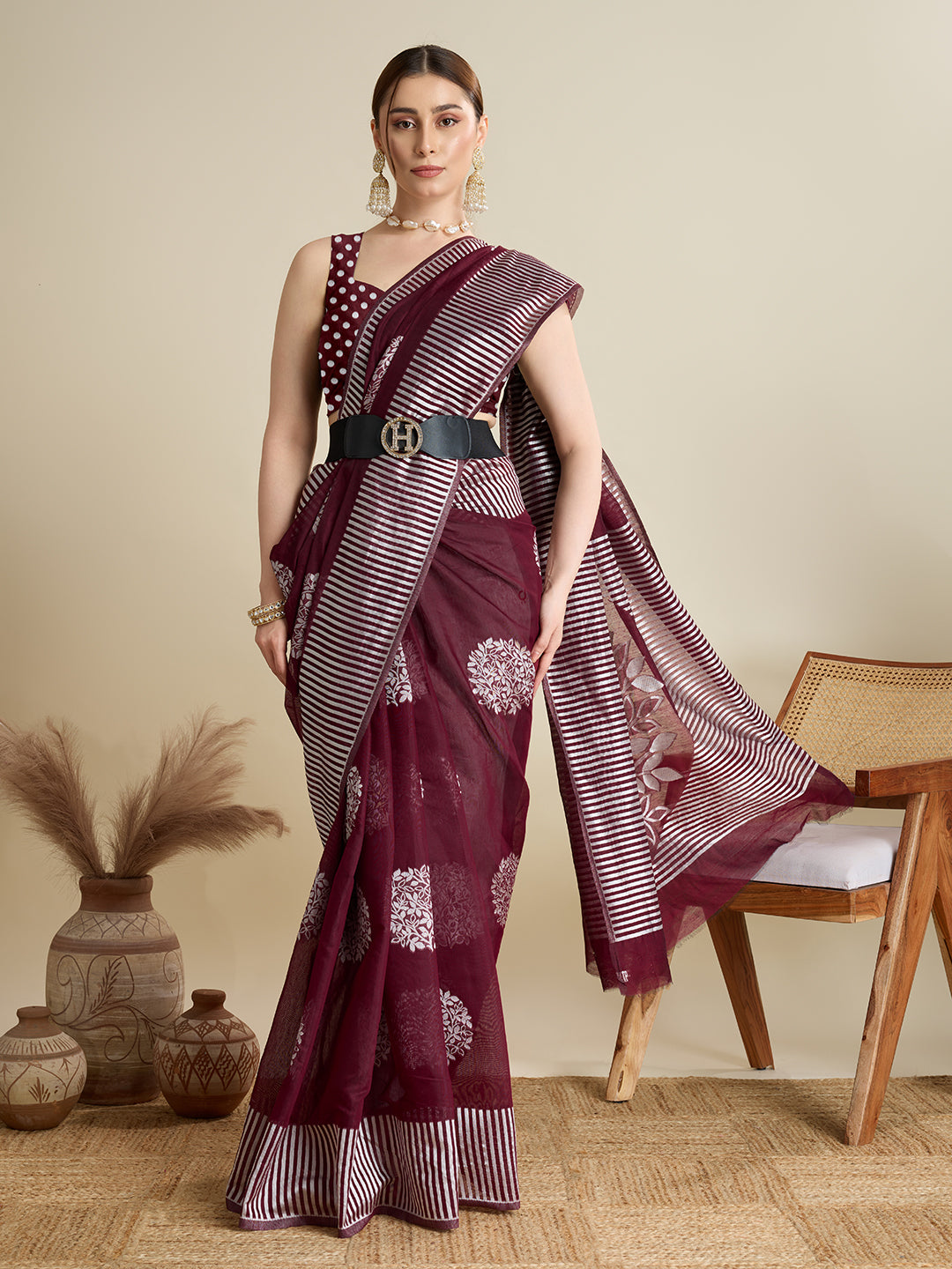 Wine Soft Silk Woven Flower Designer Stylish Partywear Saree