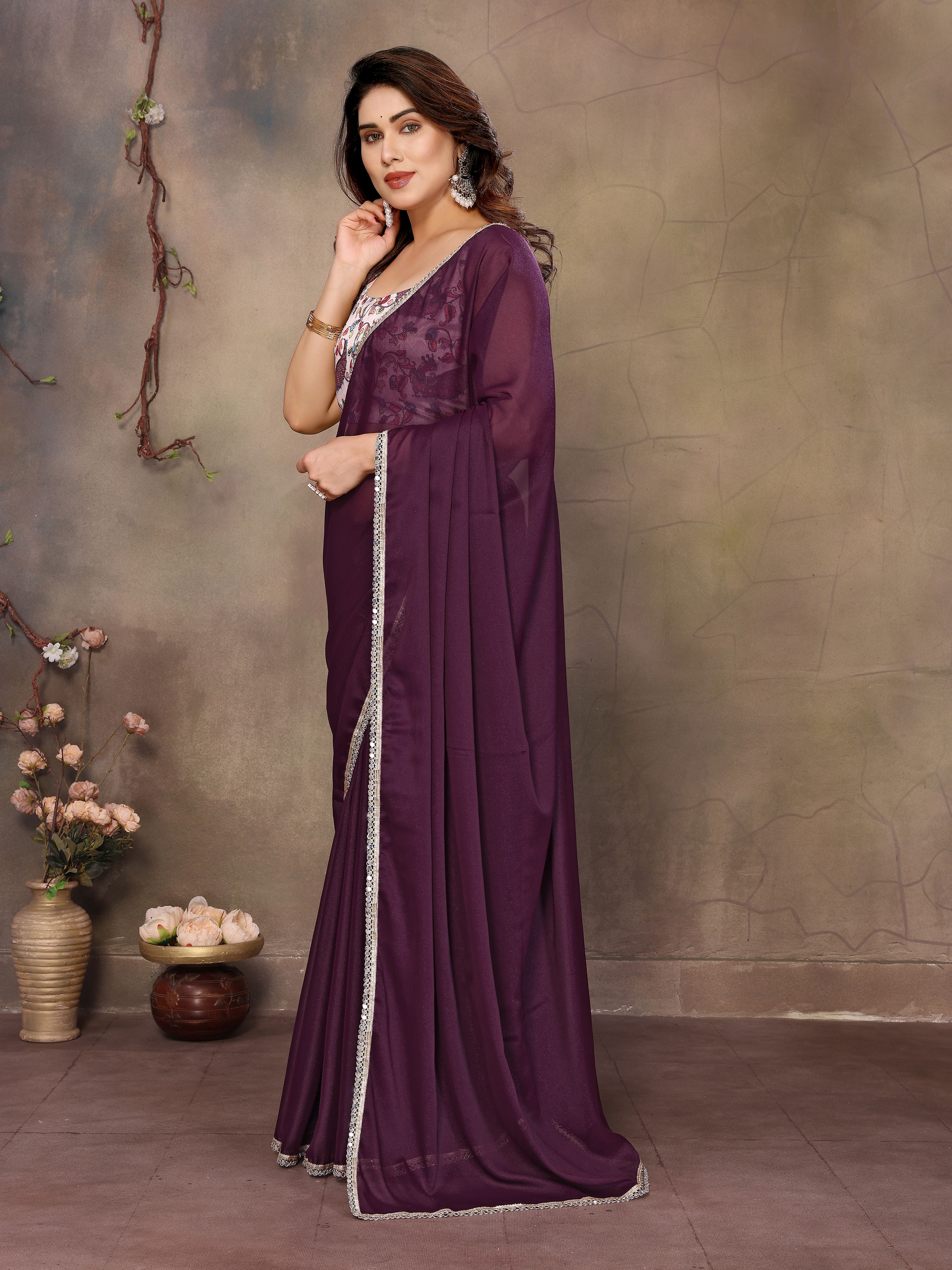 Wine Solid Fancy Ethnic Saree For Ceremonial Girlie Looks