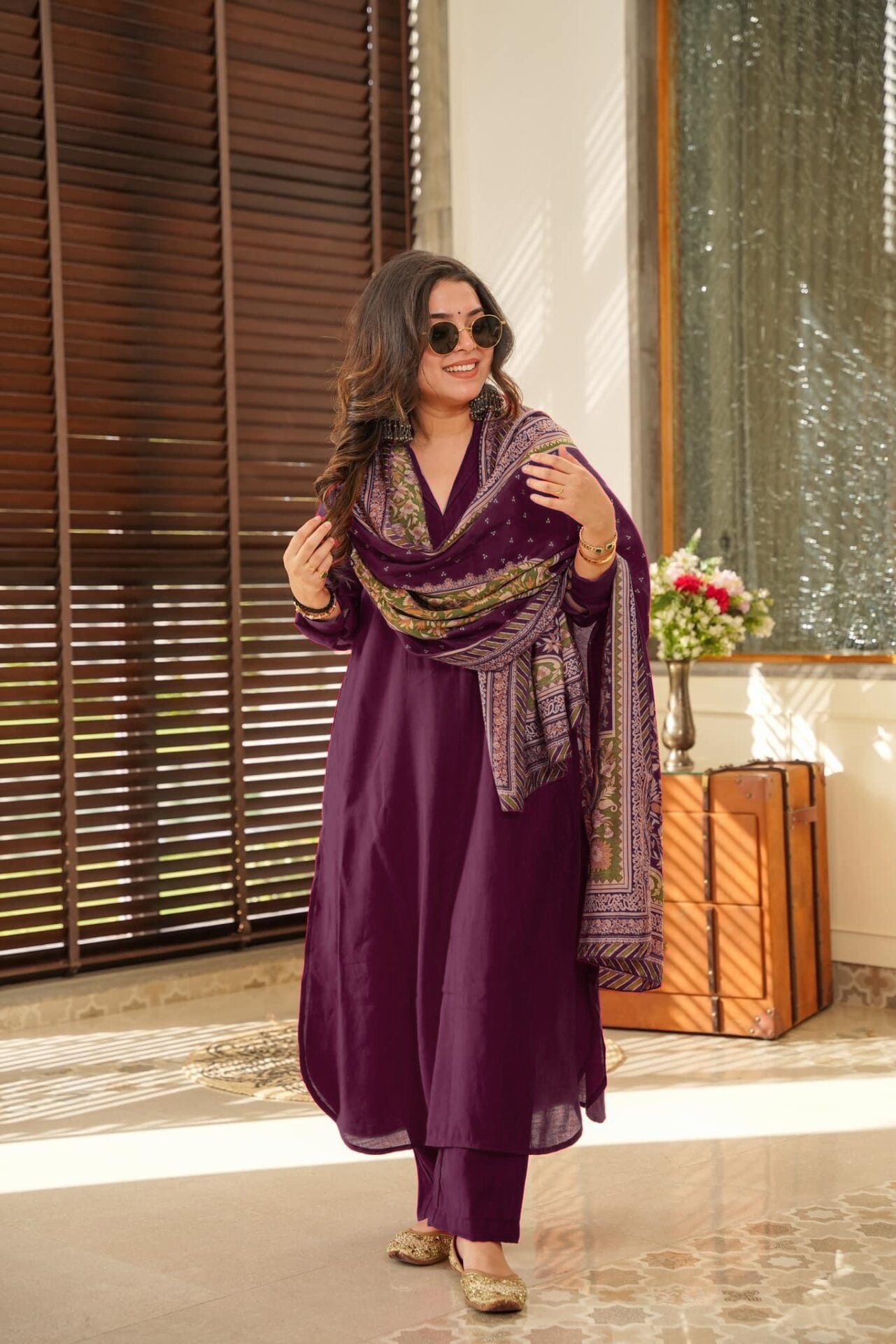 Wine South Cotton Plain Kurta Pant With Printed Dupatta