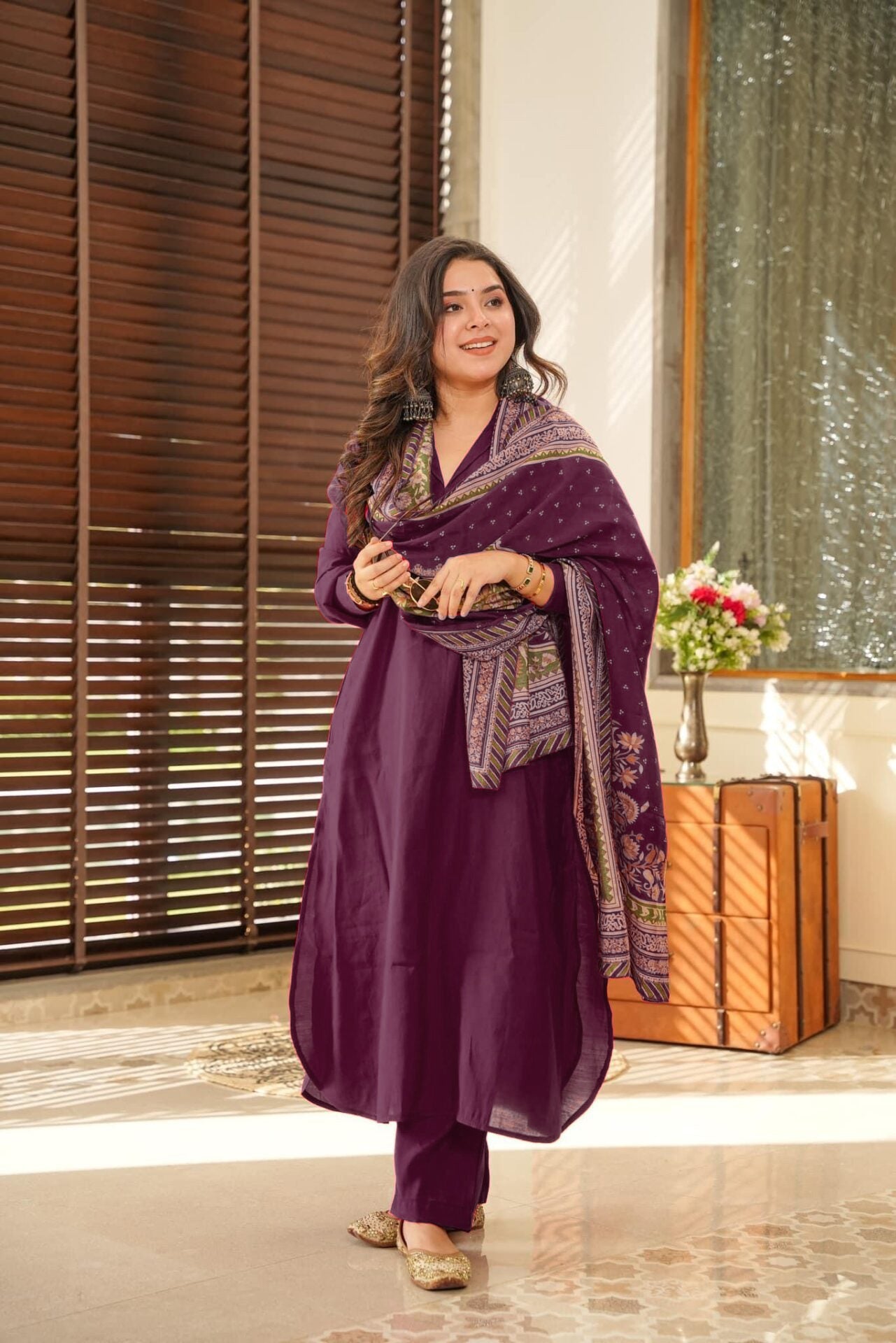Wine South Cotton Plain Kurta Pant With Printed Dupatta