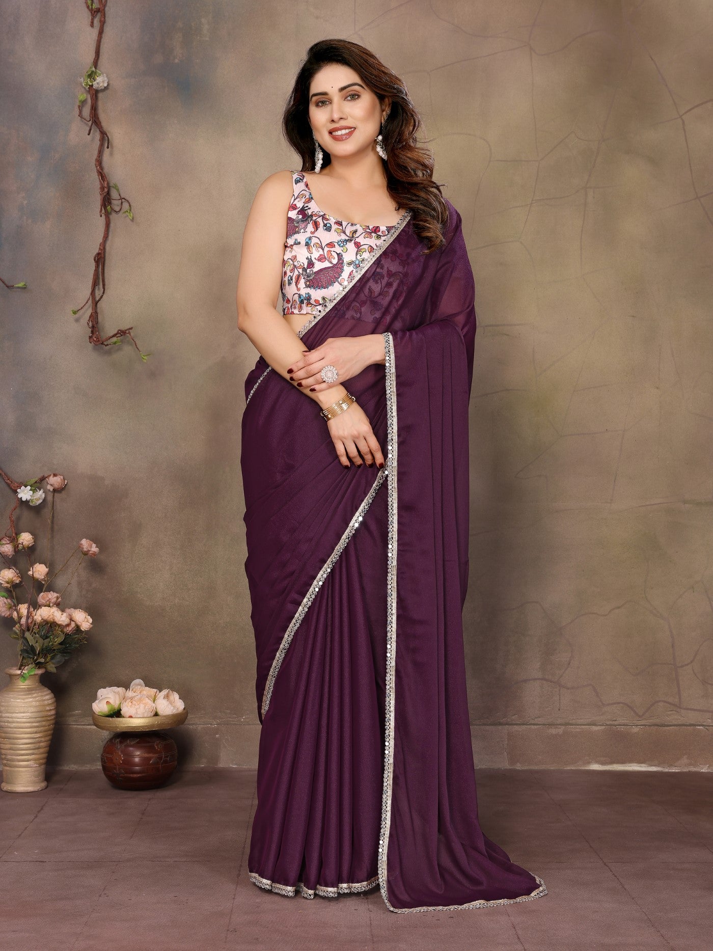 Wine Star Georgette Saree With Mirror Border Design