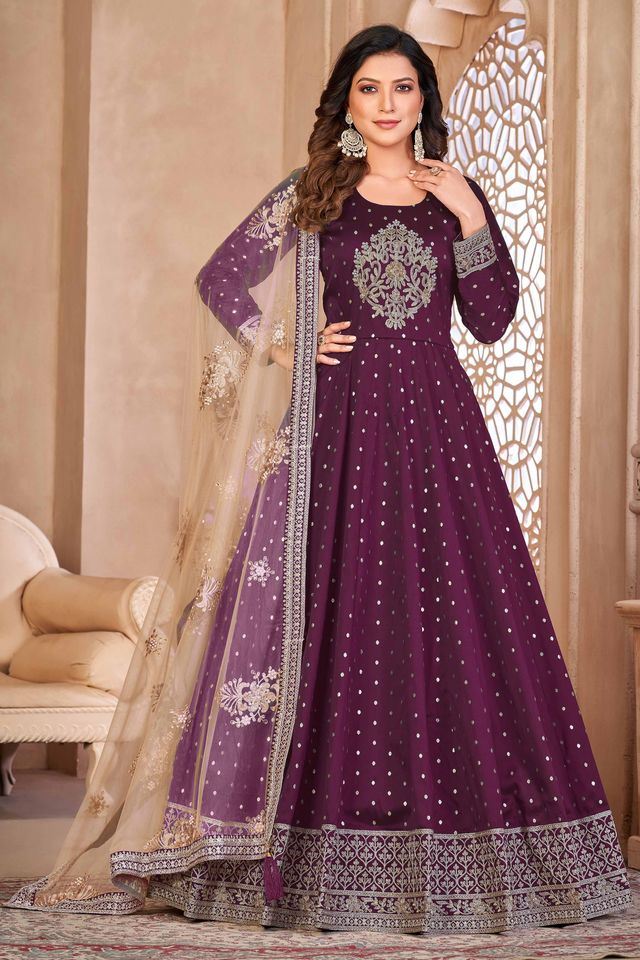 Wine Taffeta Butti Heavy Thread Embroidery Sequins Work Anarkali Suits