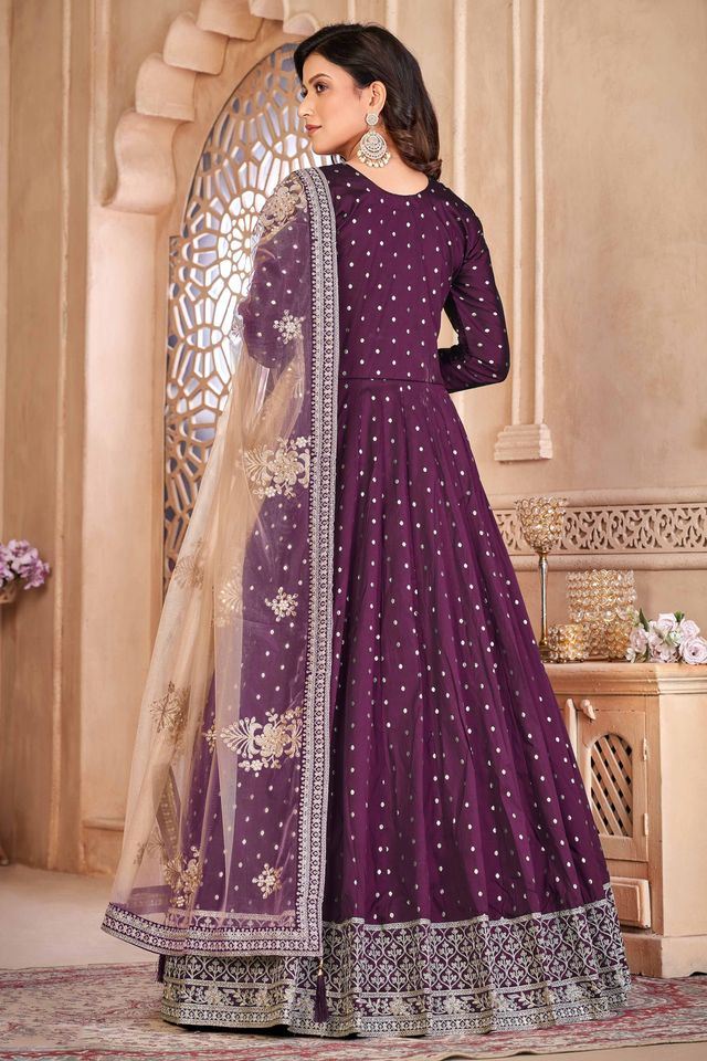 Wine Taffeta Butti Heavy Thread Embroidery Sequins Work Anarkali Suits