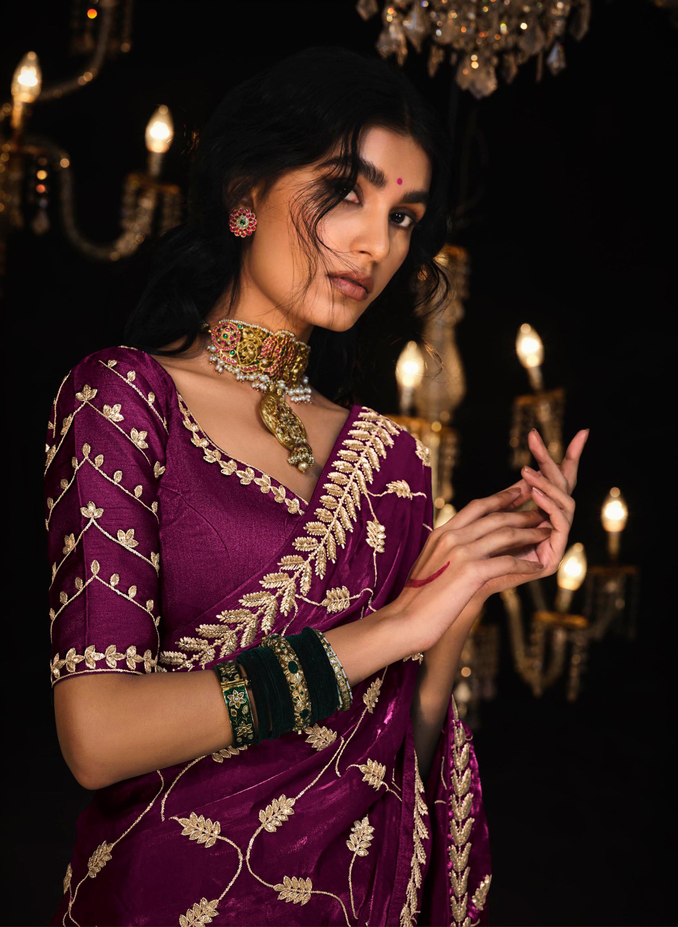 Wine Tissue Silk Saree With Heavy Thread and Zari Embroidered Work