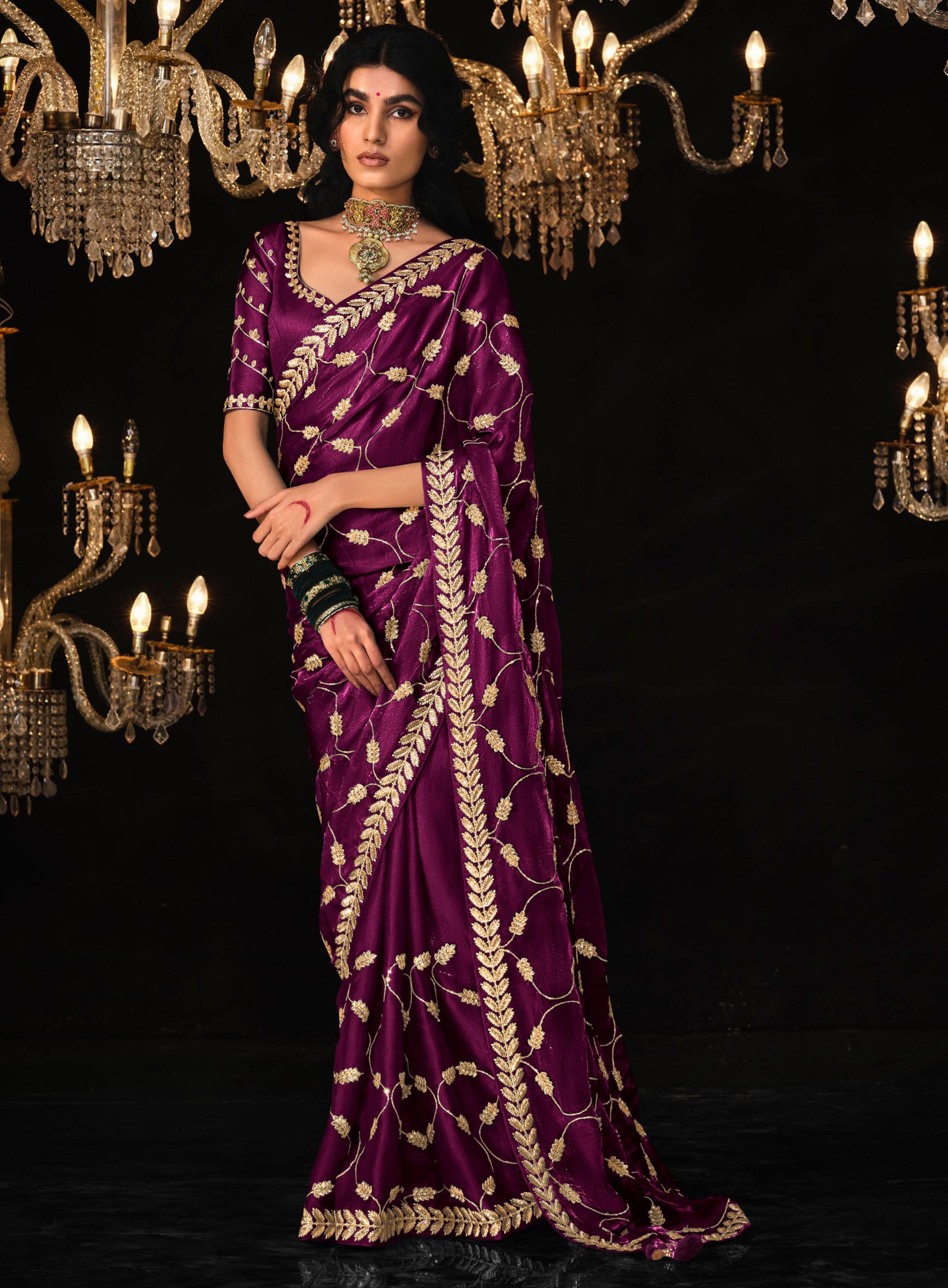 Wine Tissue Silk Saree With Heavy Thread and Zari Embroidered Work