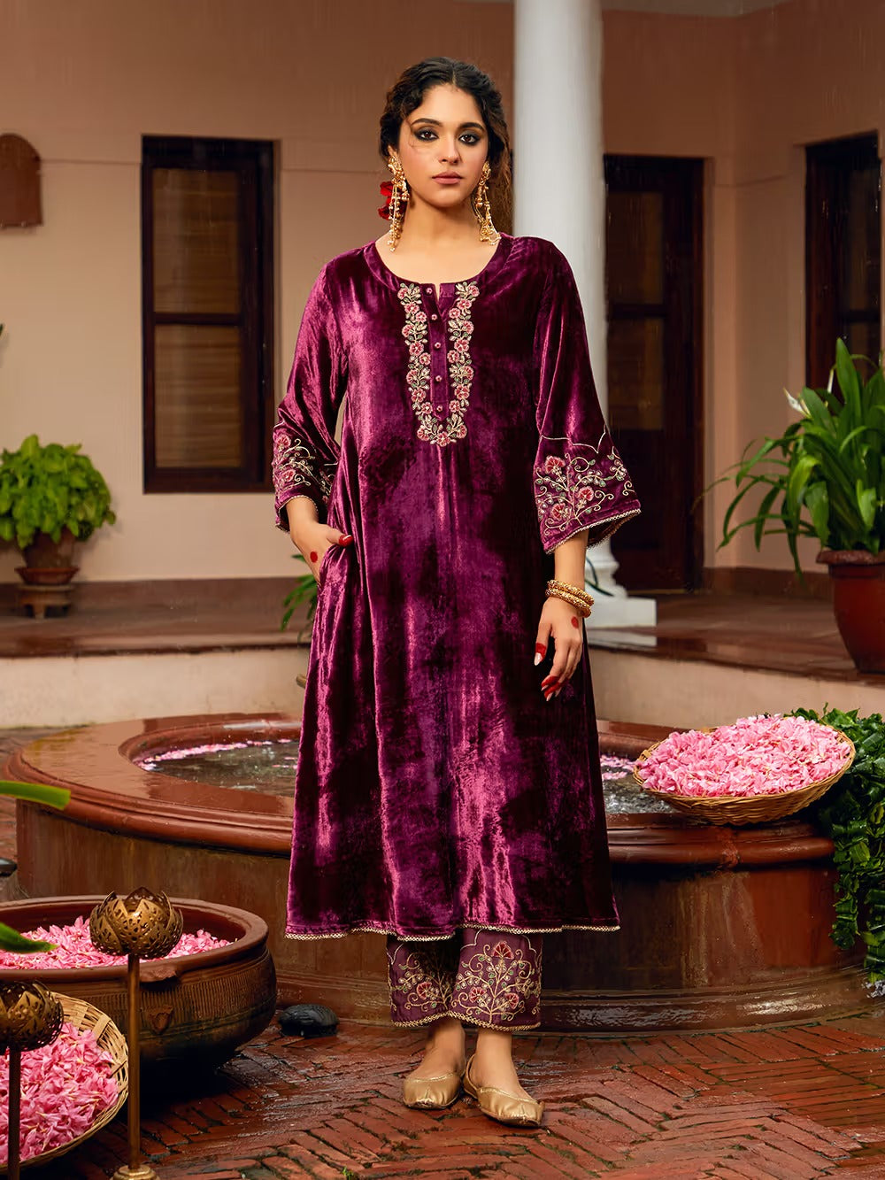 Wine Velvet Kurta Pant Set With Heavy Thread Embroidery Work