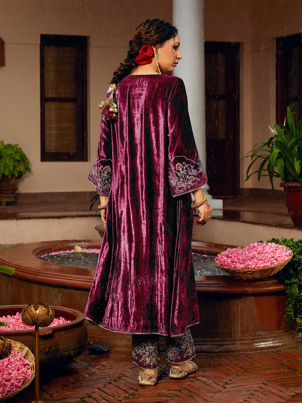 Wine Velvet Kurta Pant Set With Heavy Thread Embroidery Work