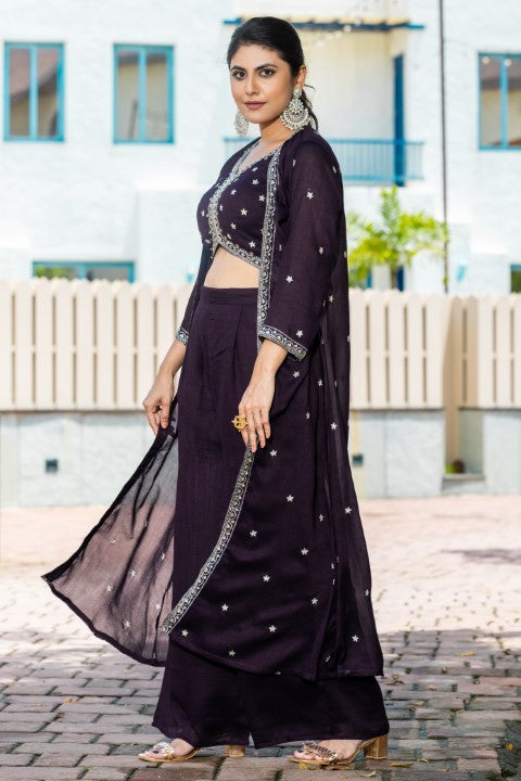 Wine Vichirta Silk Crop Top With Thread Embroidery Work