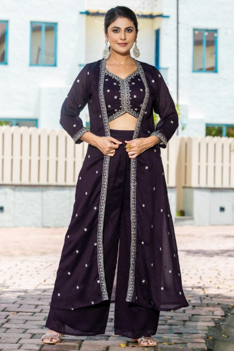 Wine Vichirta Silk Crop Top With Thread Embroidery Work