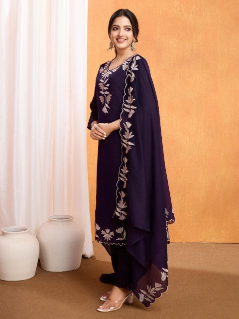 Wine Vichirta Silk Kurta Pant With Thread Embroidery Sequins Work