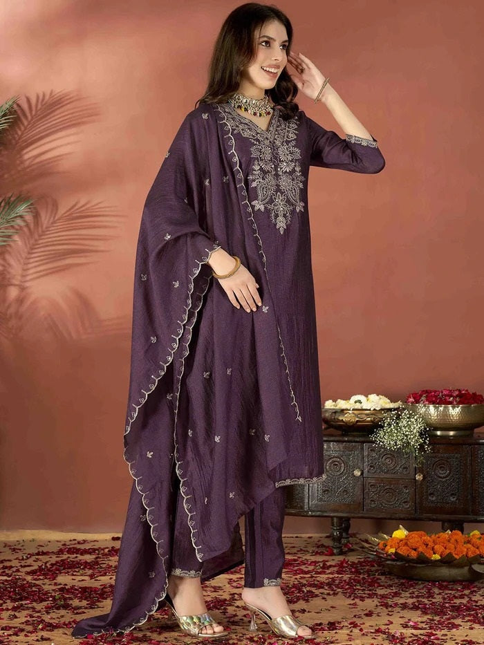 Wine Vichitra Kurta Pant Set With Heavy Thread Embroidery Work