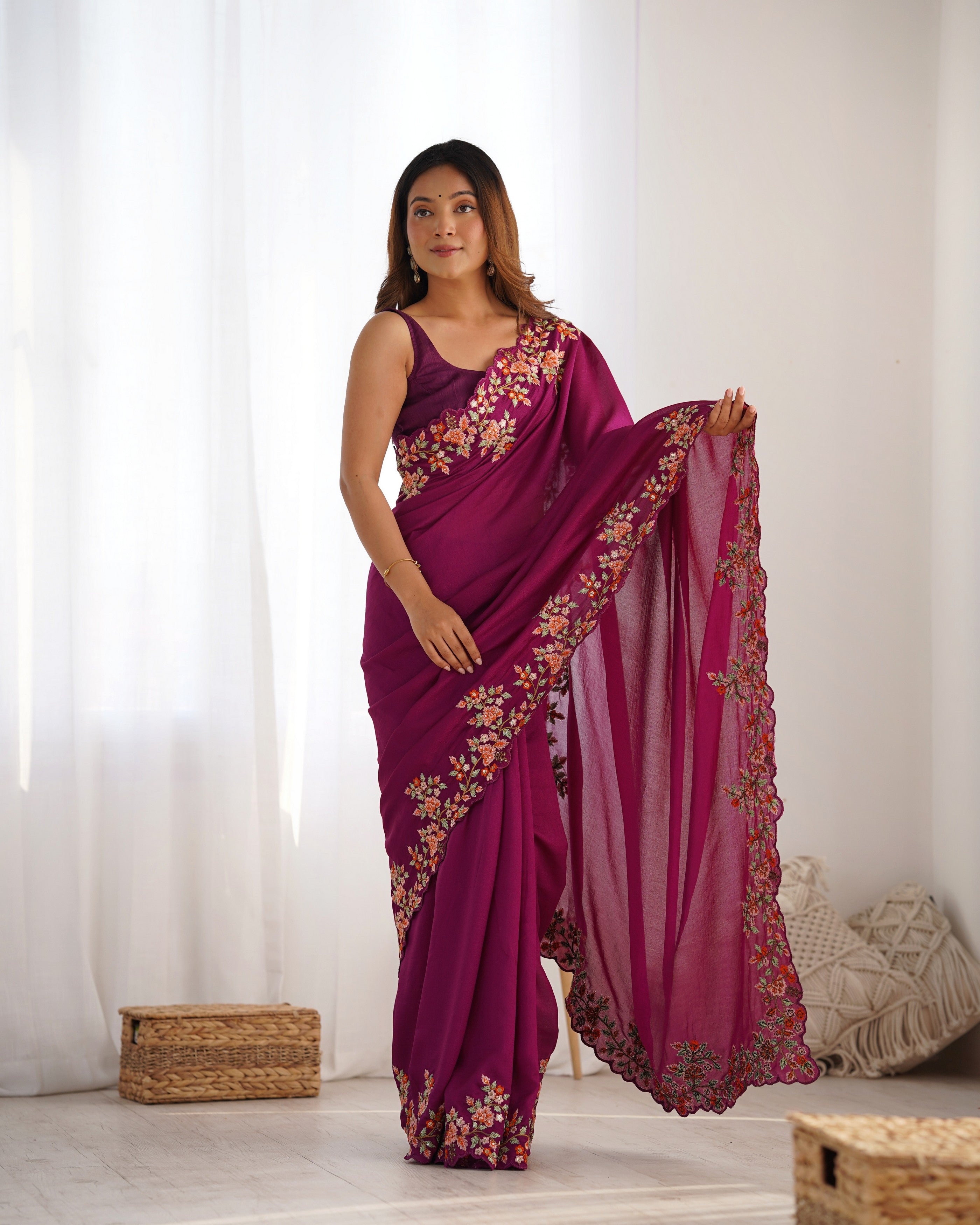 Wine Vichitra Silk Designer Embrodery Work Ethnic Saree