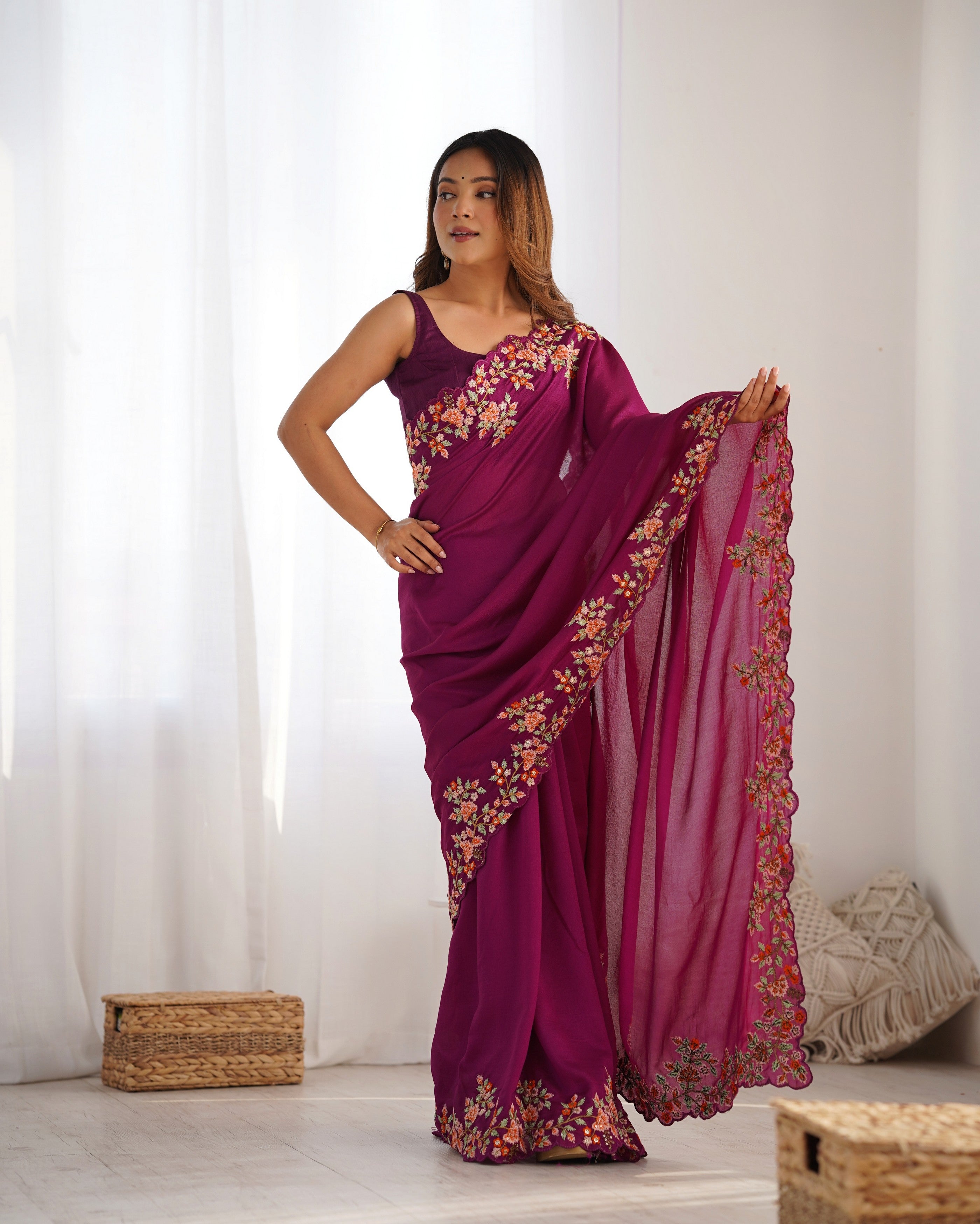 Wine Vichitra Silk Designer Embrodery Work Ethnic Saree