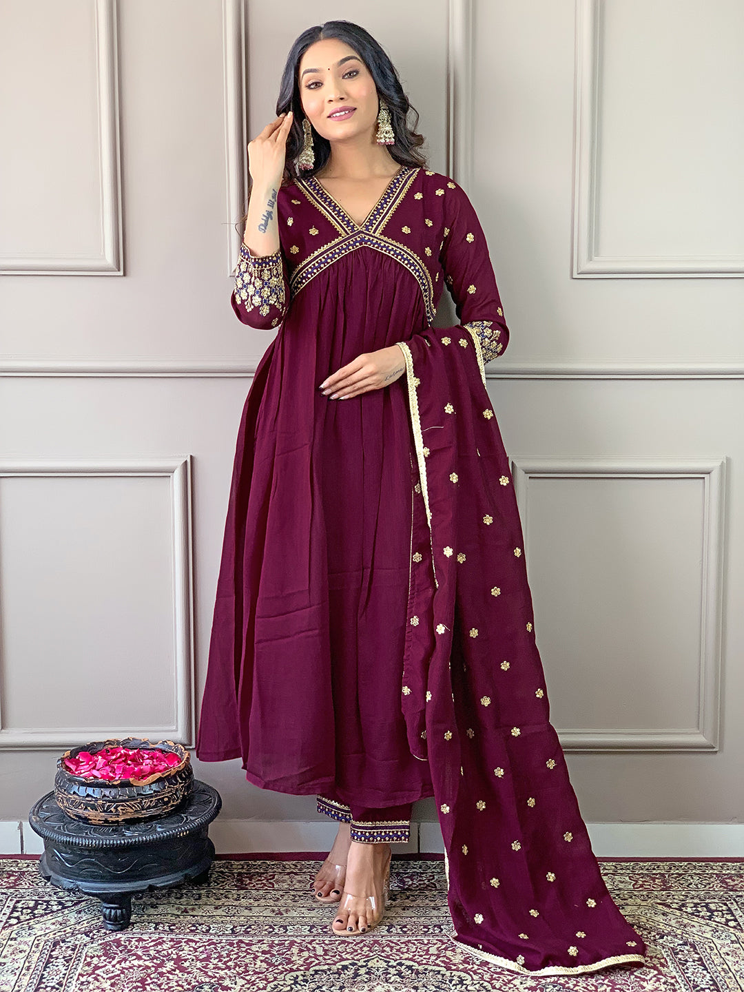 Wine Vichitra Silk Elegant Kurta Pant Set With Embroidery Work
