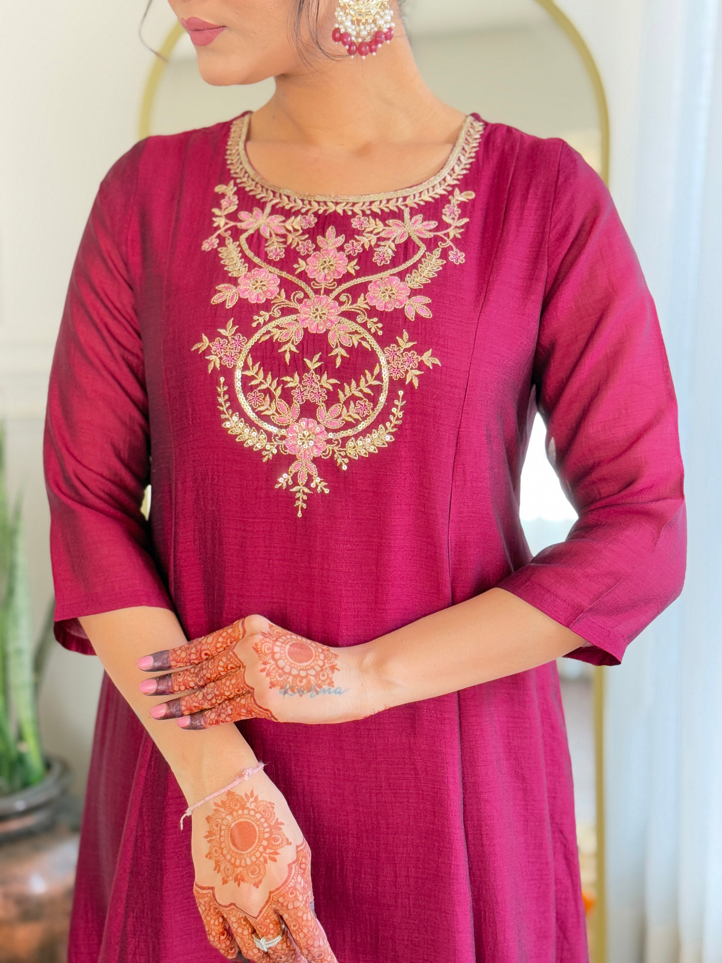 Wine Vichitra Silk Elegant Kurta Pant Set With Embroidery Work