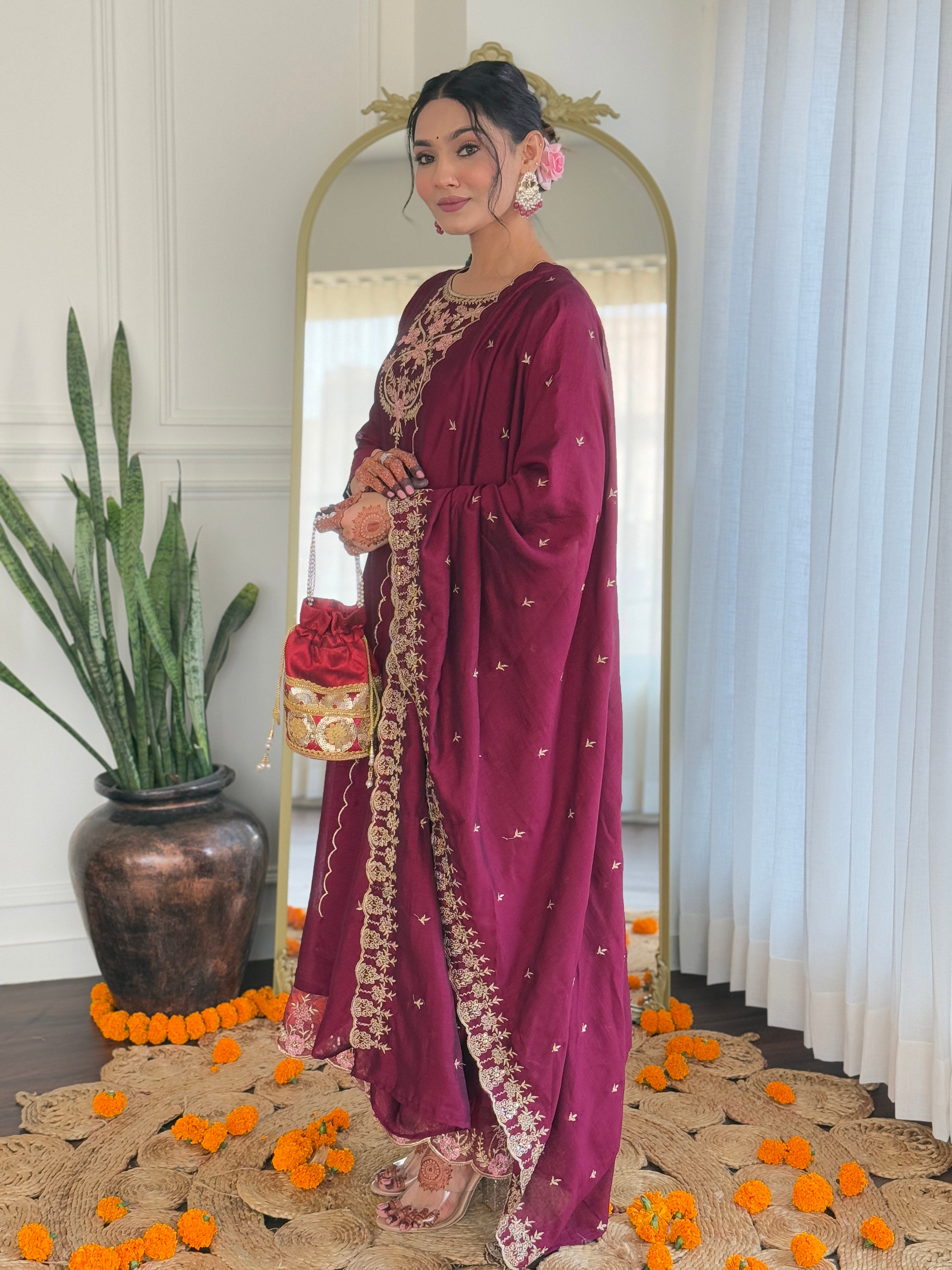 Wine Vichitra Silk Elegant Kurta Pant Set With Embroidery Work
