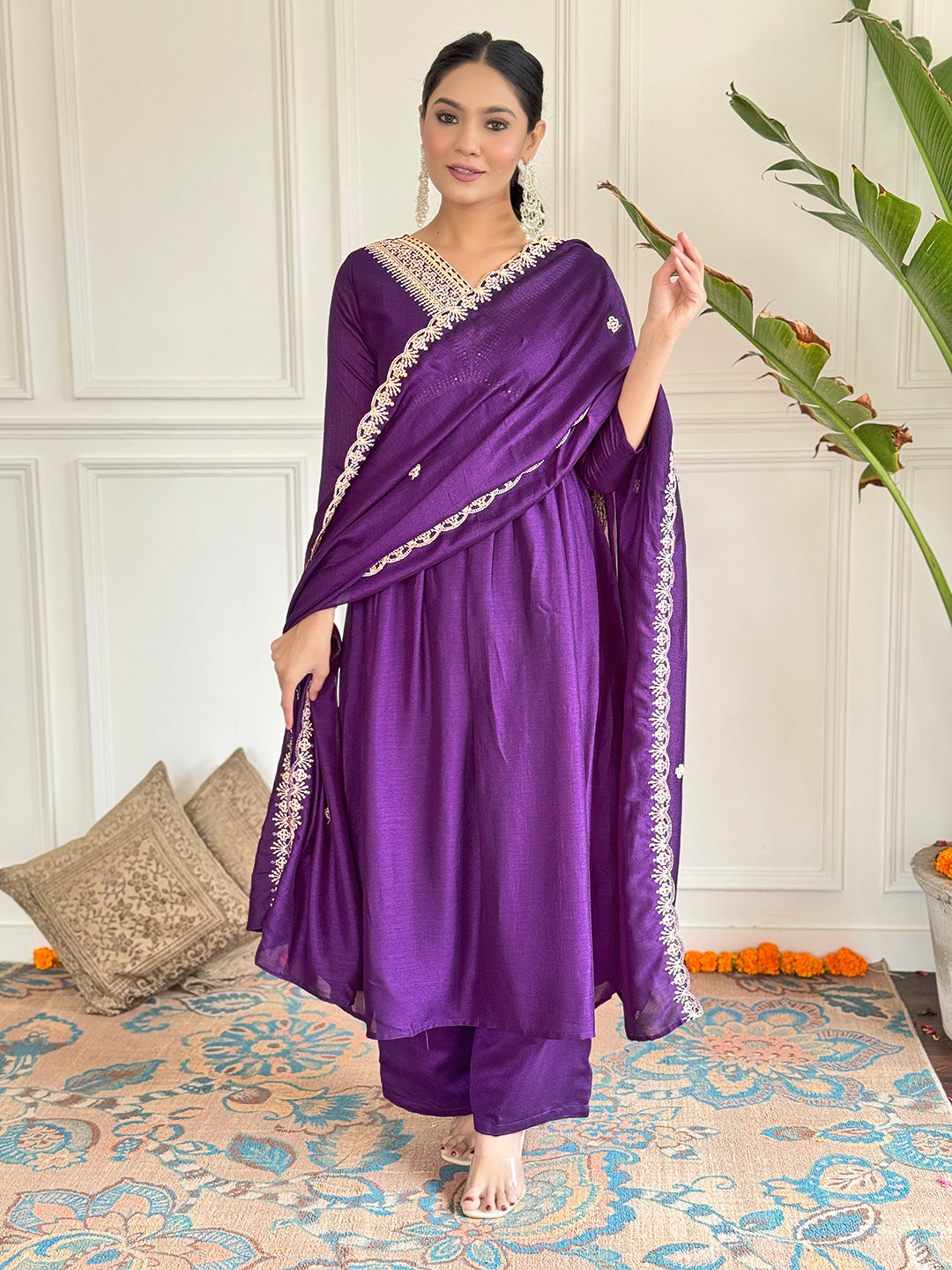 Wine Vichitra Silk Elegant Kurta Pant Set With Embroidery Work