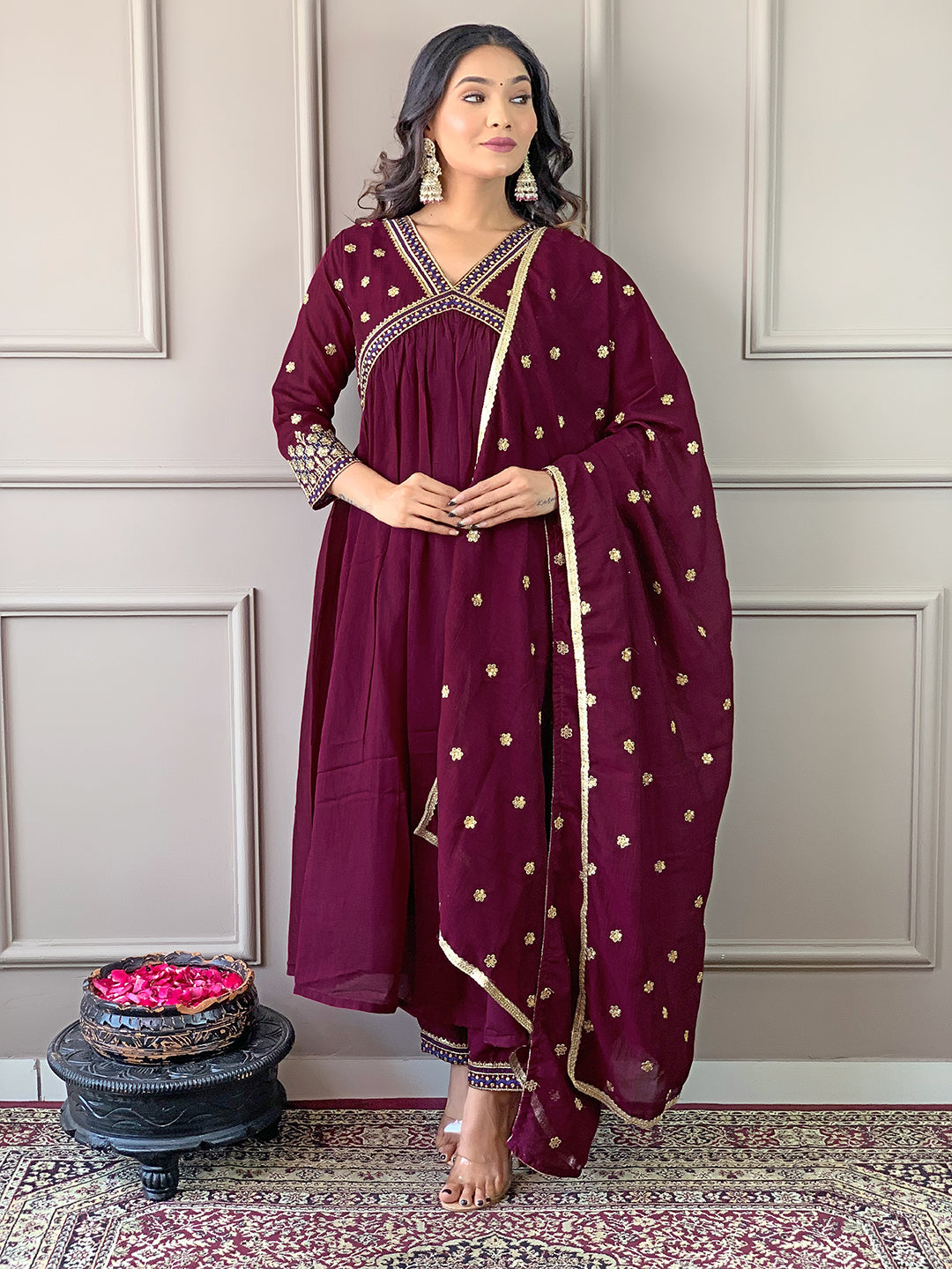 Wine Vichitra Silk Elegant Kurta Pant Set With Embroidery Work