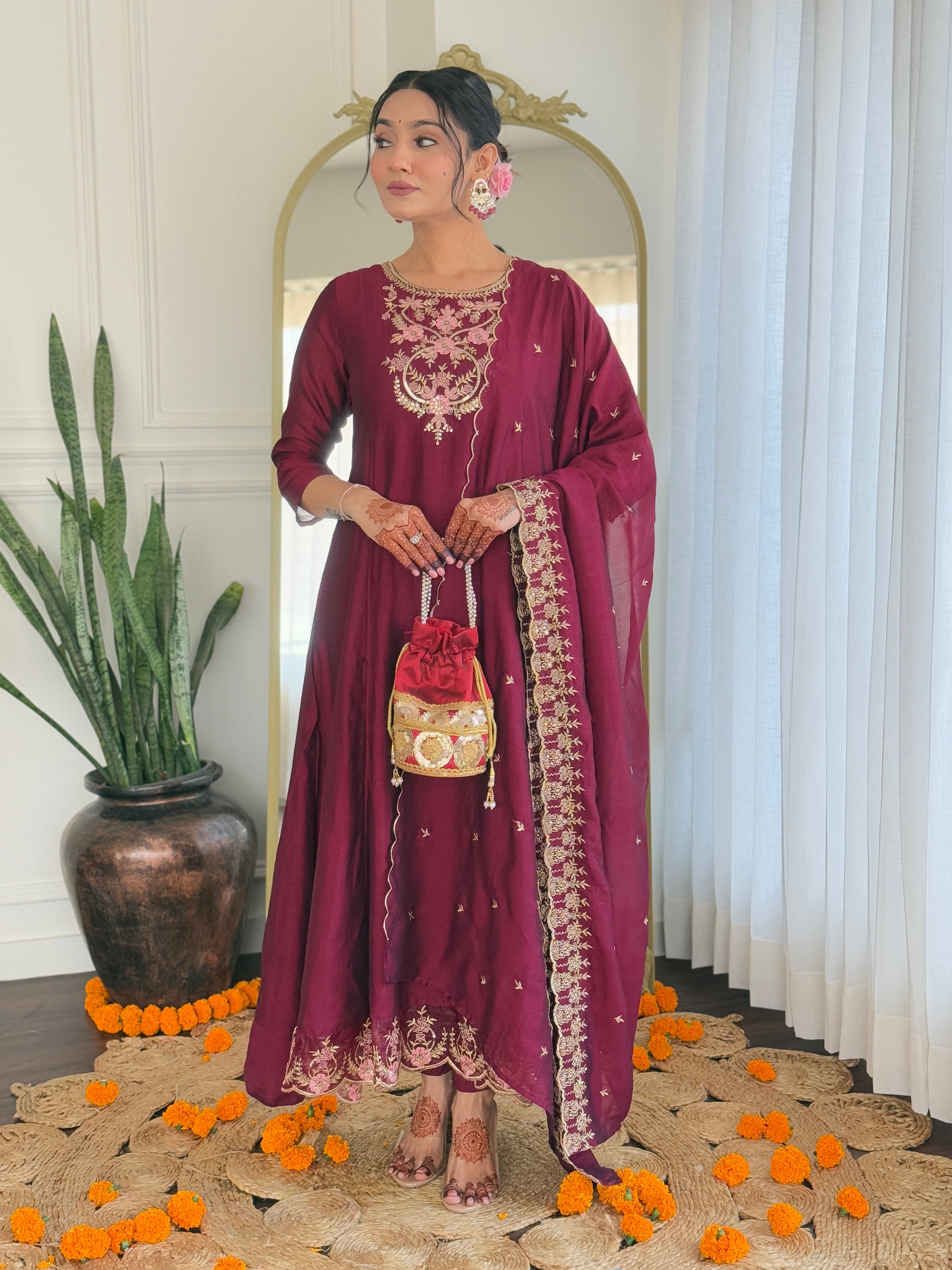 Wine Vichitra Silk Elegant Kurta Pant Set With Embroidery Work