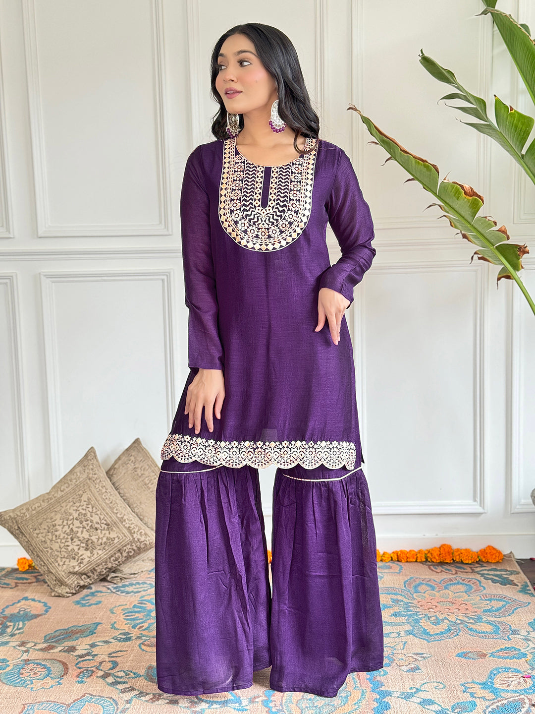 Wine Vichitra Silk Elegant Kurta Pant Set With Embroidery Work