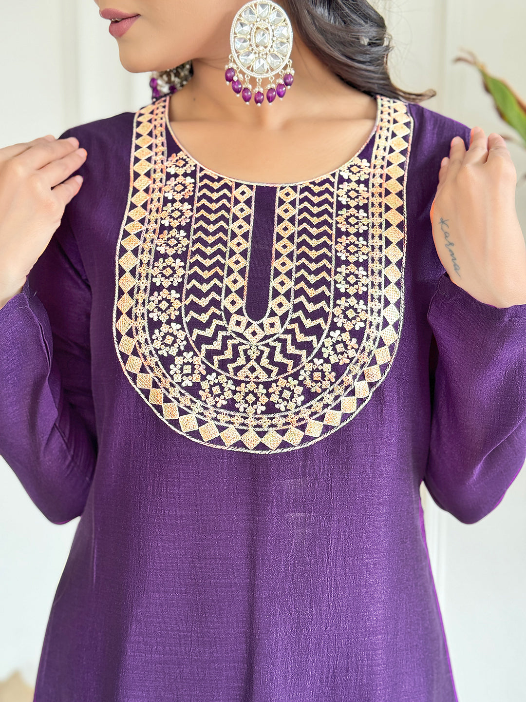 Wine Vichitra Silk Elegant Kurta Pant Set With Embroidery Work