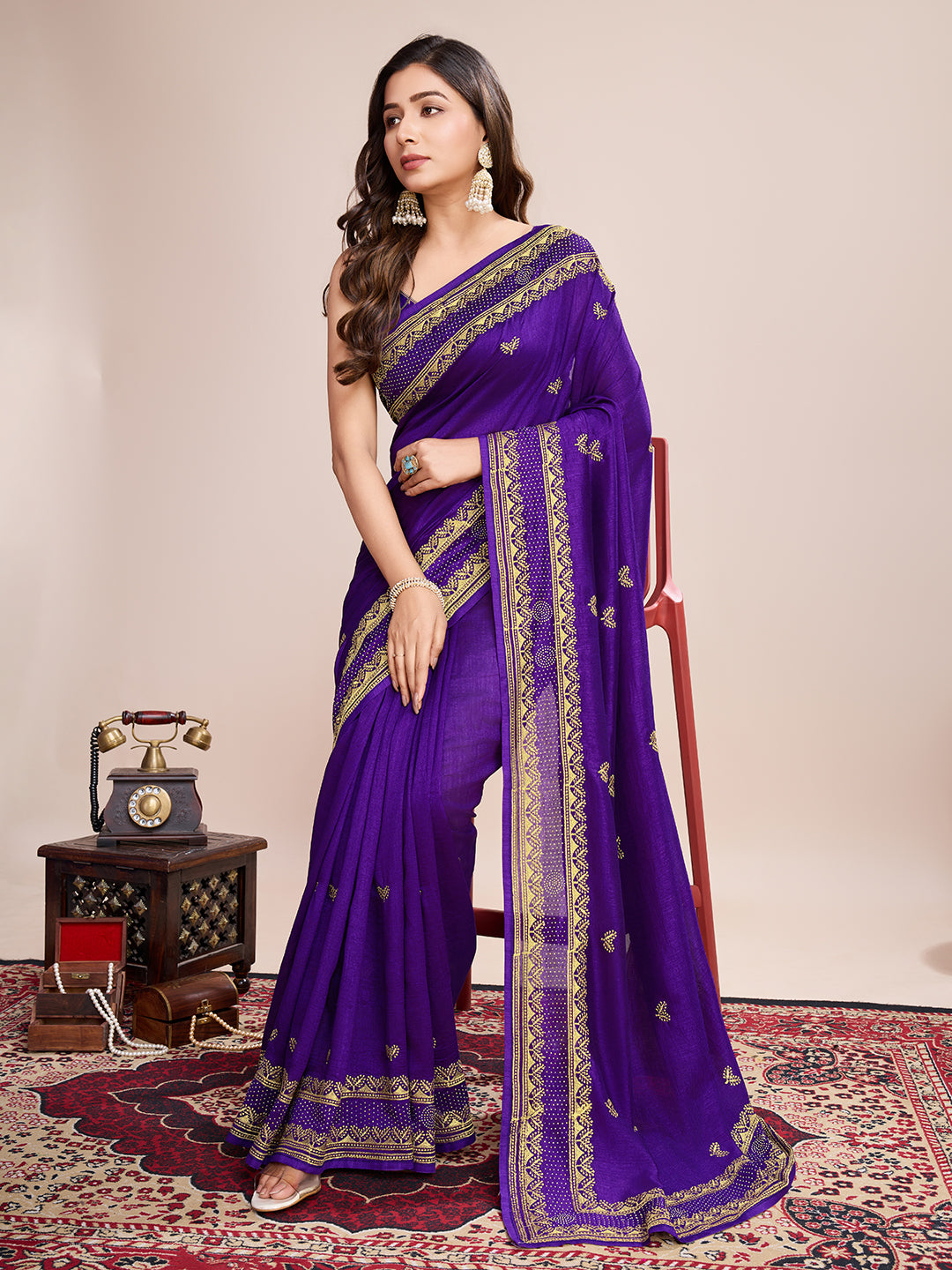 Wine Vichitra Silk Girlie Looks Designer Embroidery Work Wedding Season Saree
