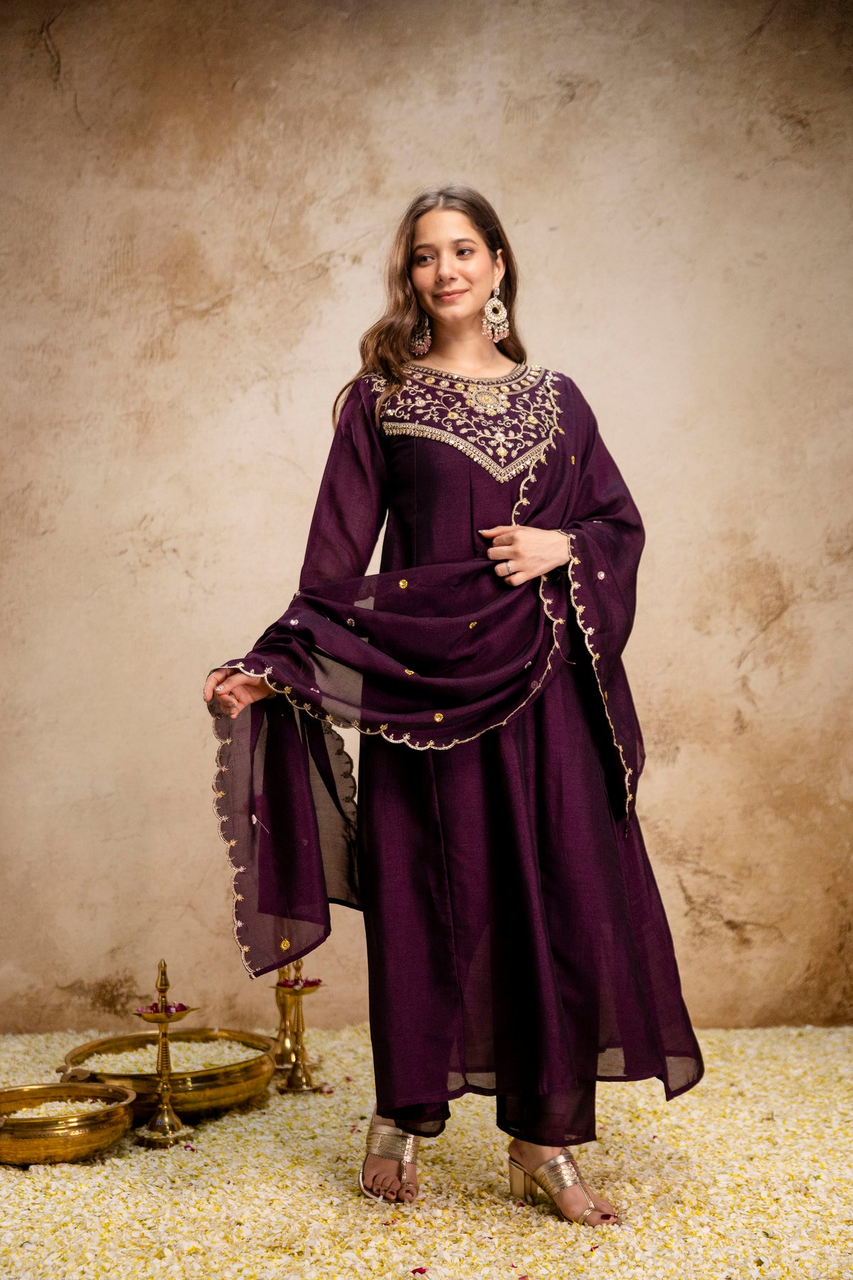 Wine Vichitra Silk Kurta Pant Set With Heavy Thread Embroidery Work