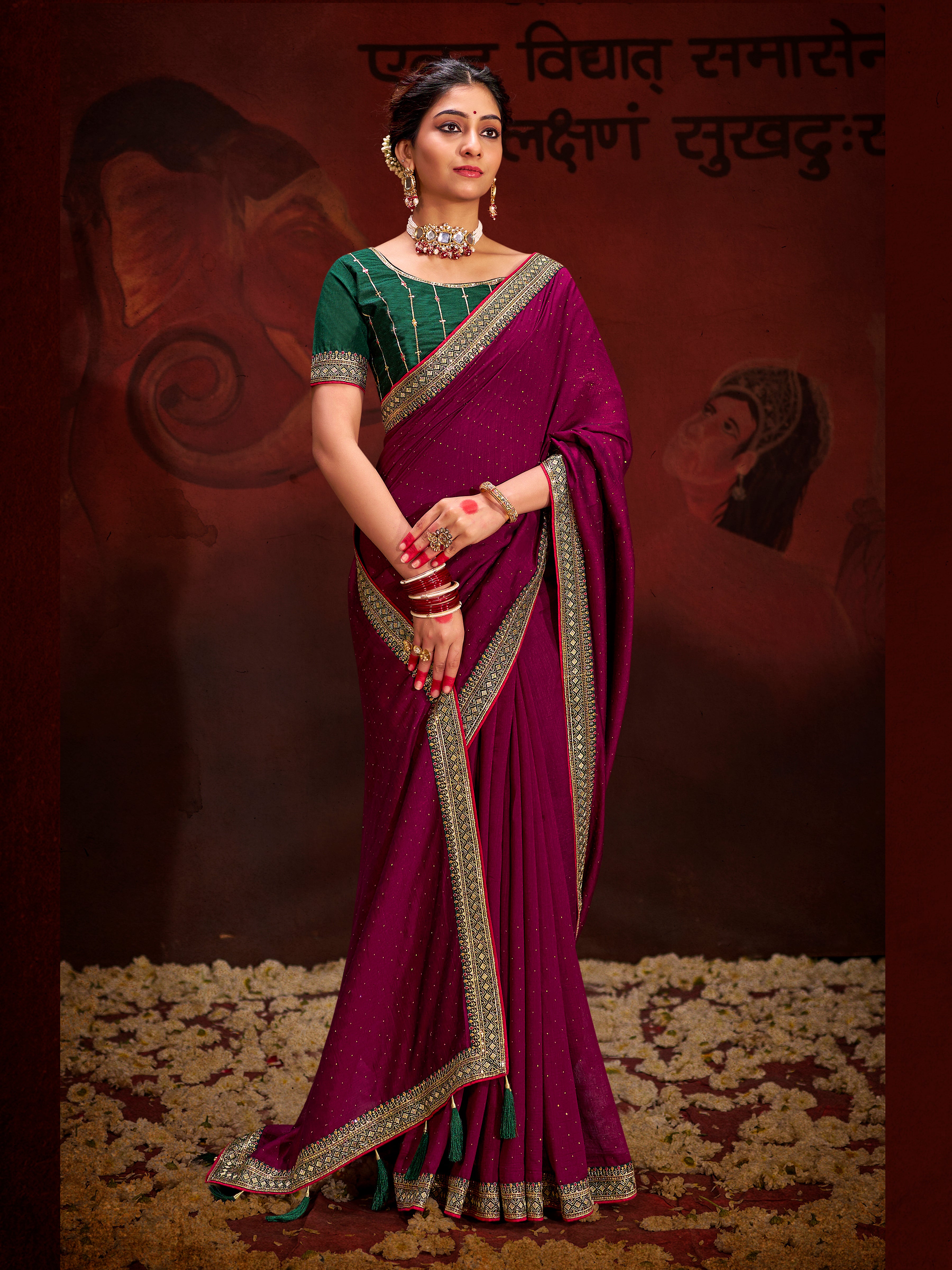 Wine Vichitra Silk Saree With Heavy Diamond Work and Embroidery Lace Border