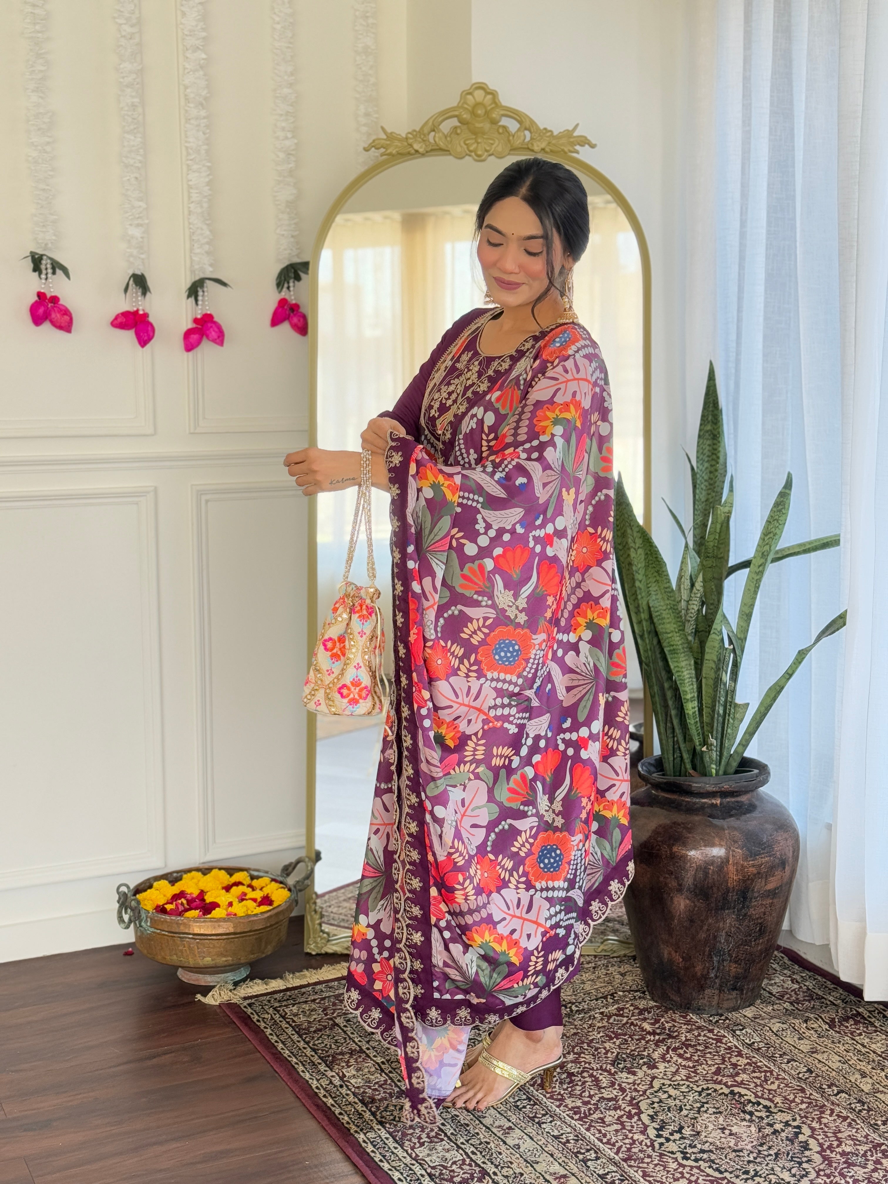 Wine Viscose Chanderi Kurta Pant Set With Embroidery Work