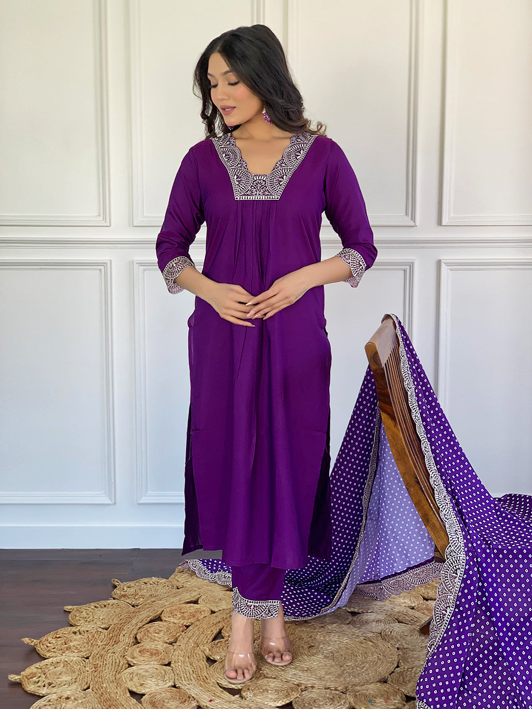 Wine Viscose Elegant Kurta Pant Set With Embroidery Work