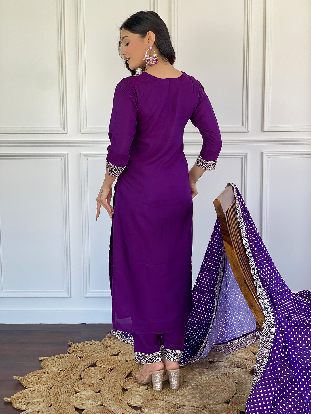 Wine Viscose Elegant Kurta Pant Set With Embroidery Work