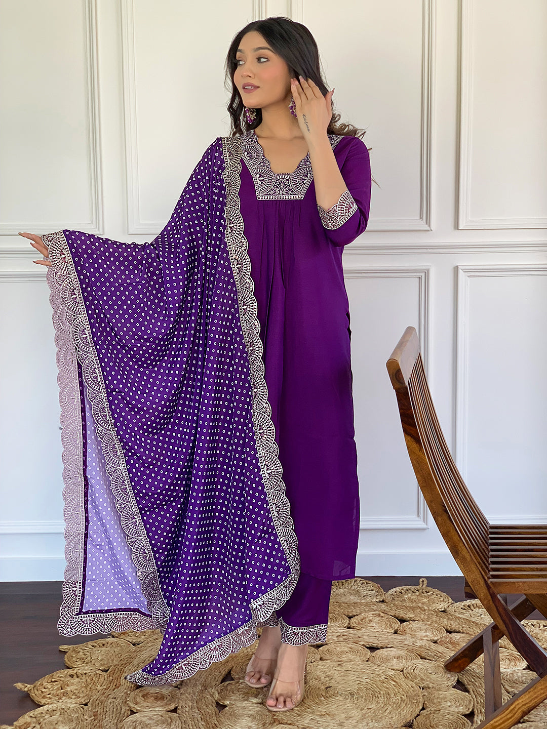 Wine Viscose Elegant Kurta Pant Set With Embroidery Work