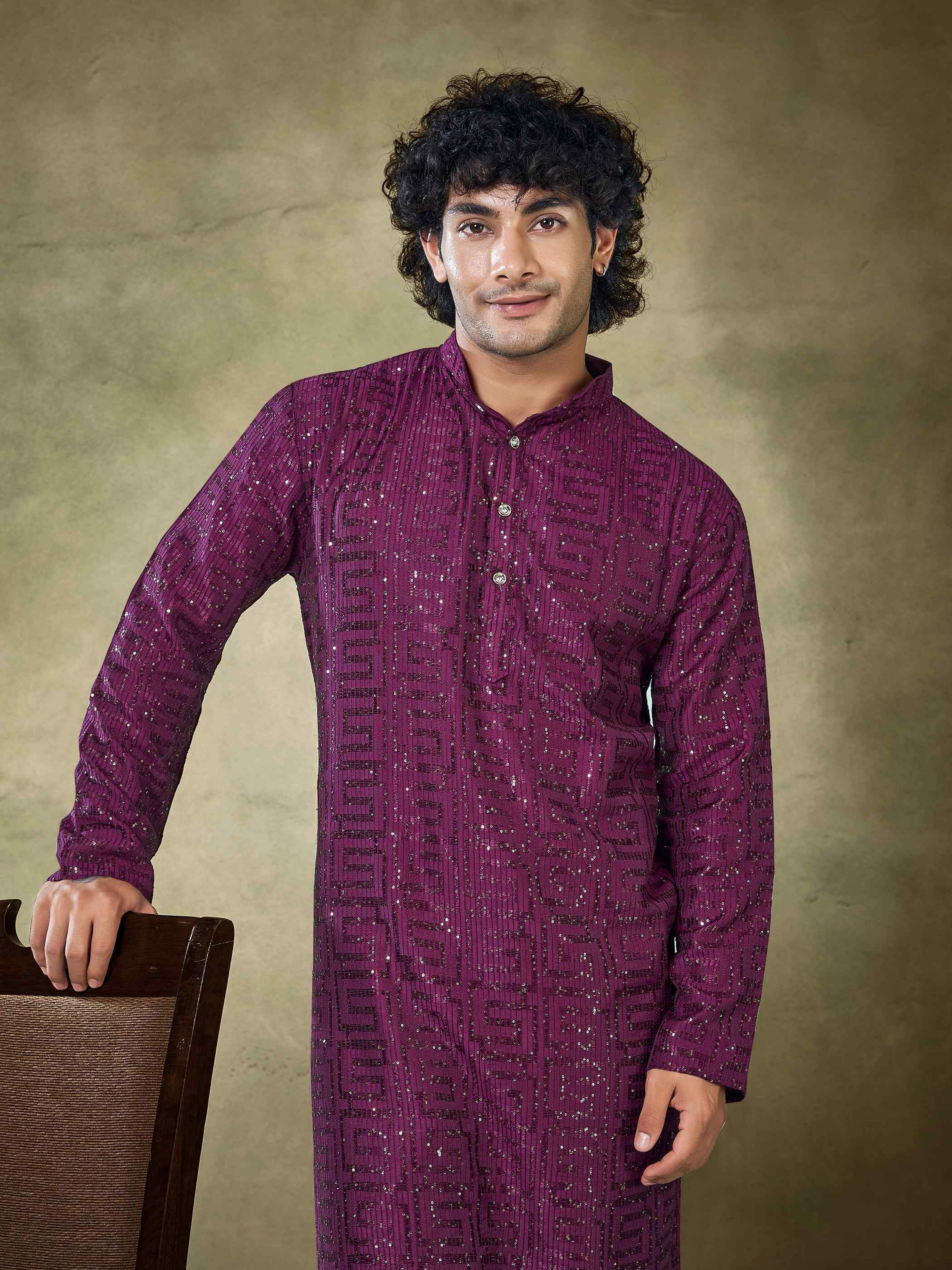 Wine Viscose Kurta Payjama with Sequins Work – Ideal for Grand Functions