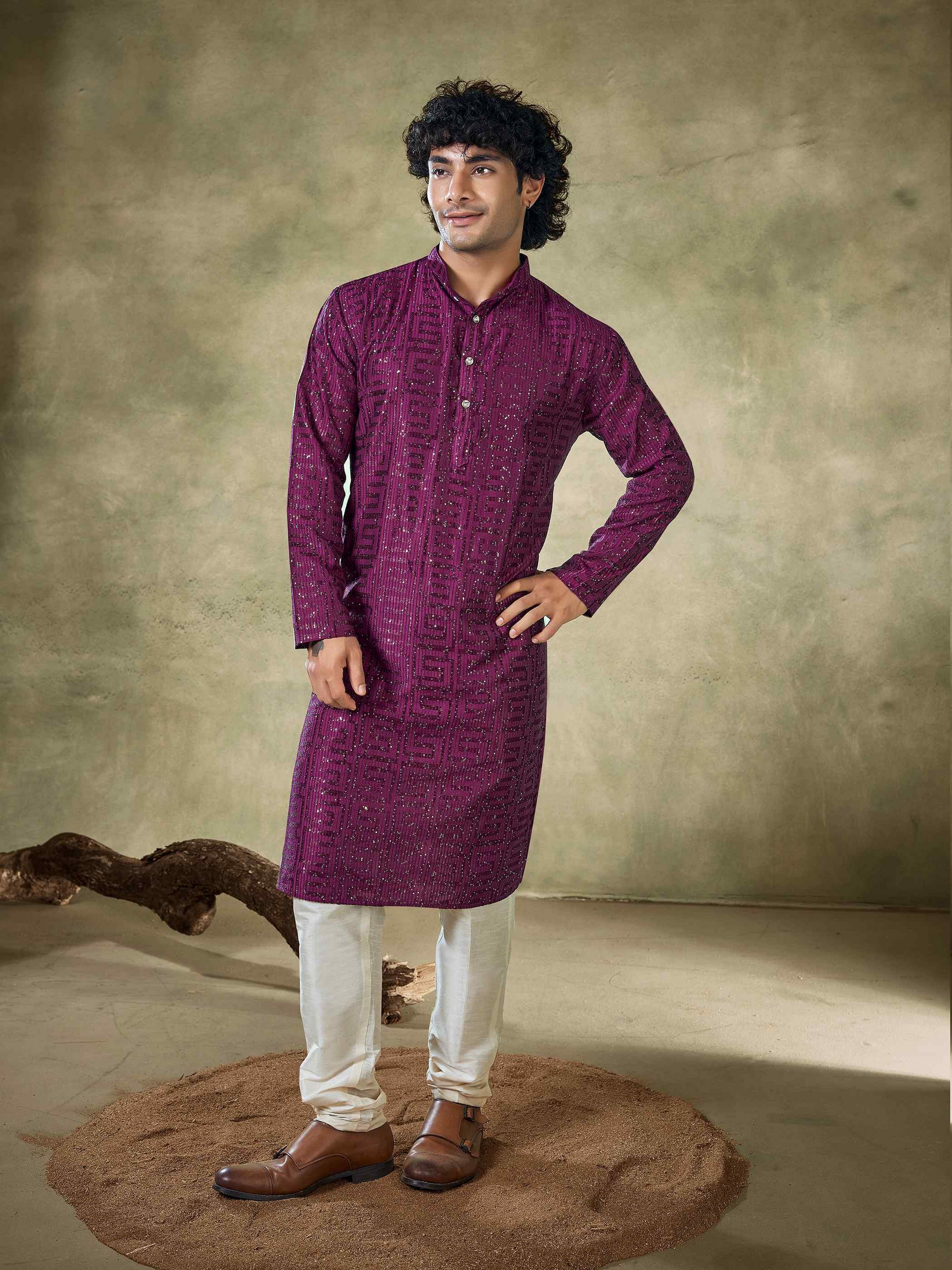 Wine Viscose Kurta Payjama with Sequins Work – Ideal for Grand Functions