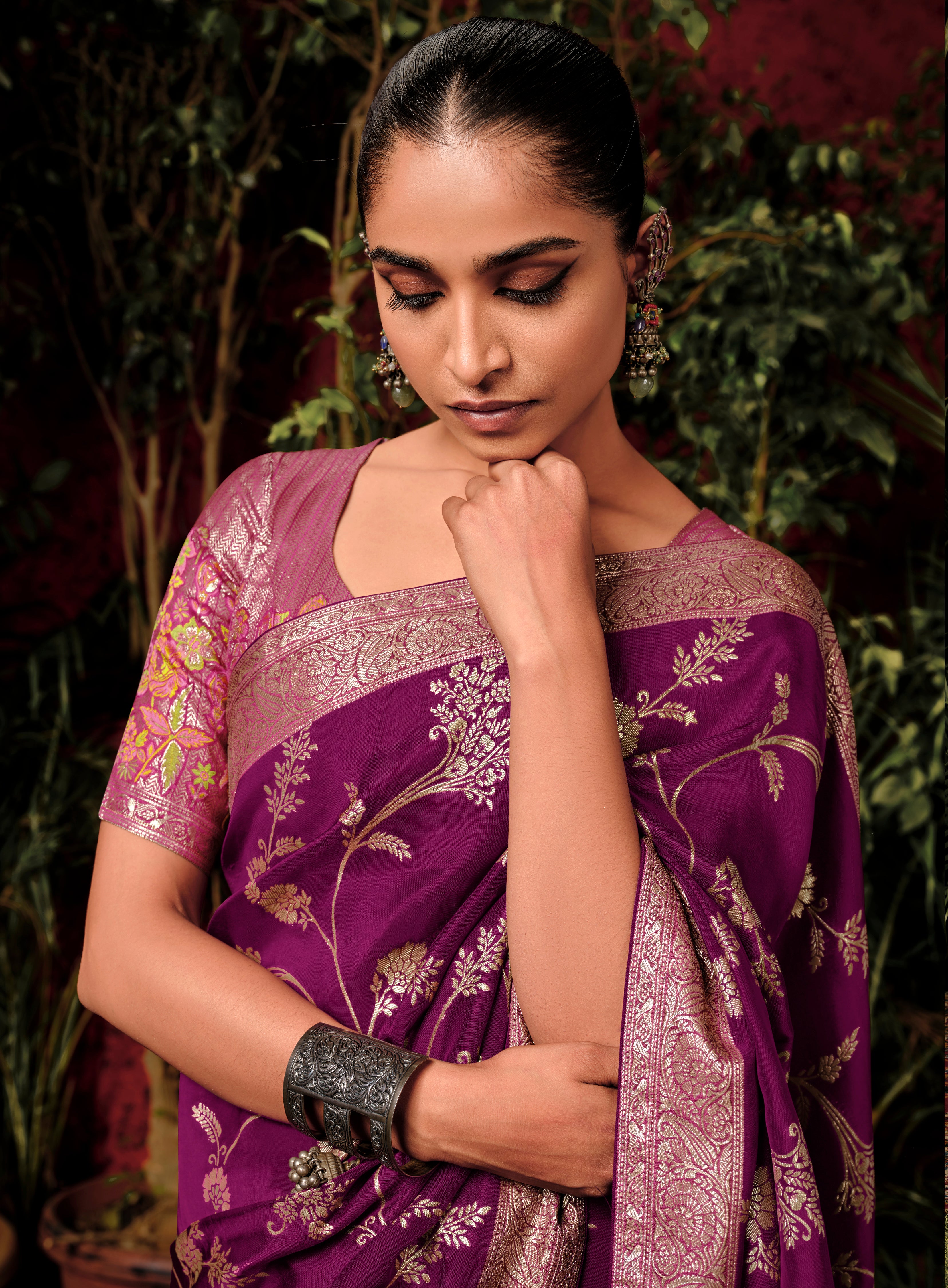 Wine Viscose Silk Saree With Jacquard Woven Work