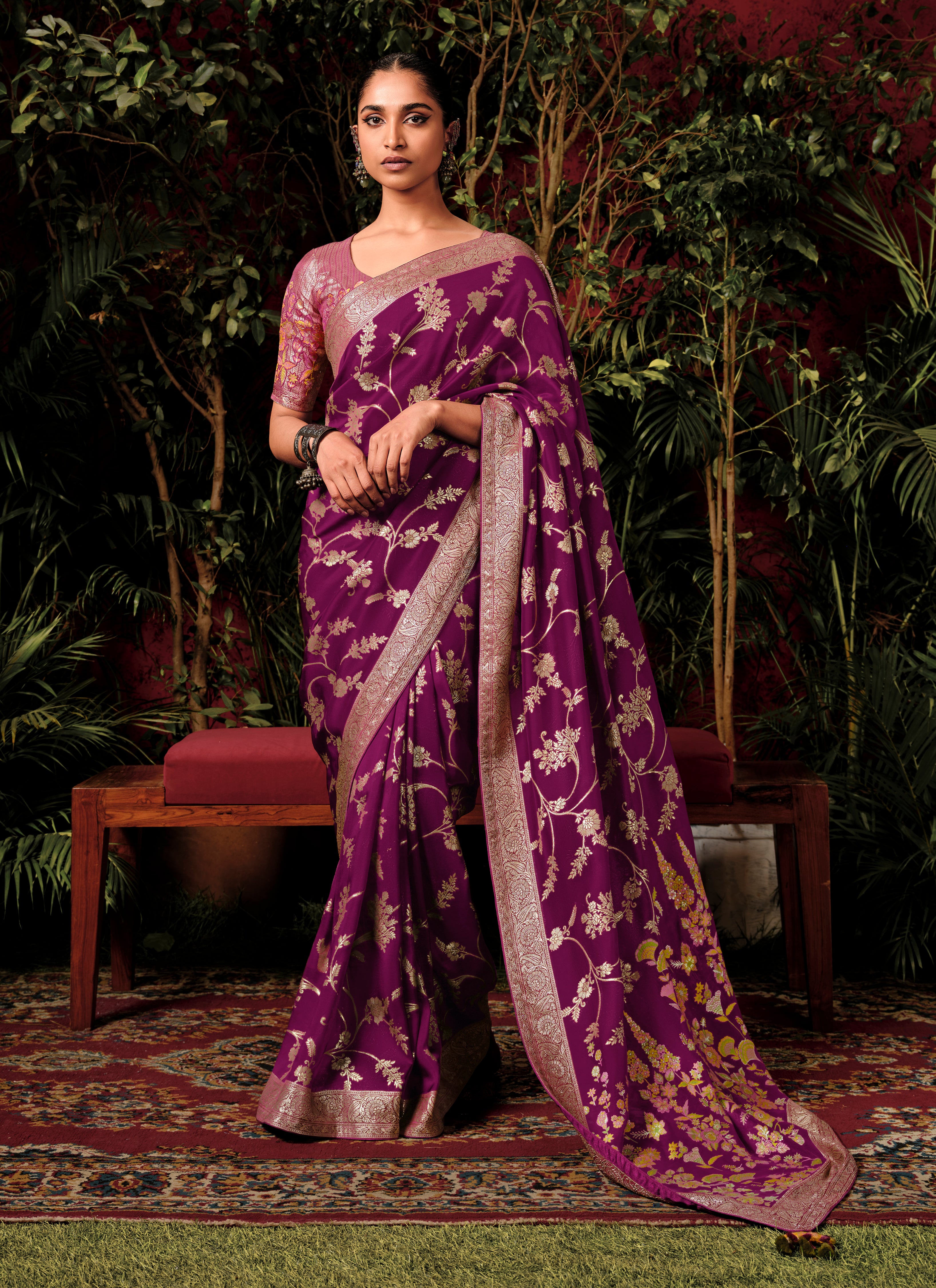 Wine Viscose Silk Saree With Jacquard Woven Work