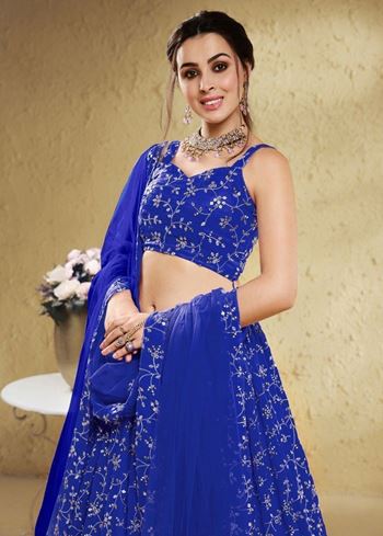 Wonderful Blue Embroidered Georgette Designer Lehenga Choli