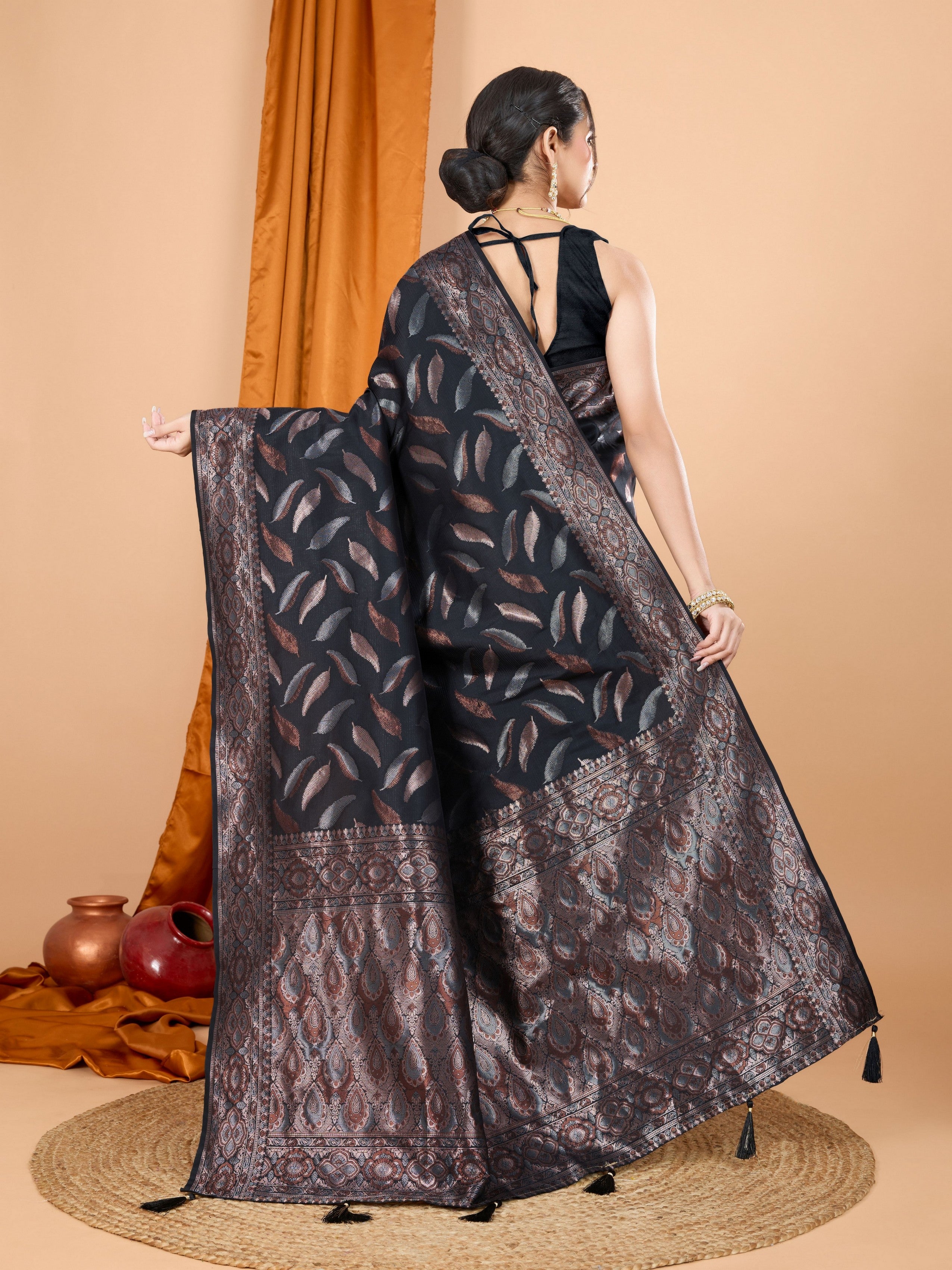 Woven Double Jari Designer Black Soft Silk Partywear Saree