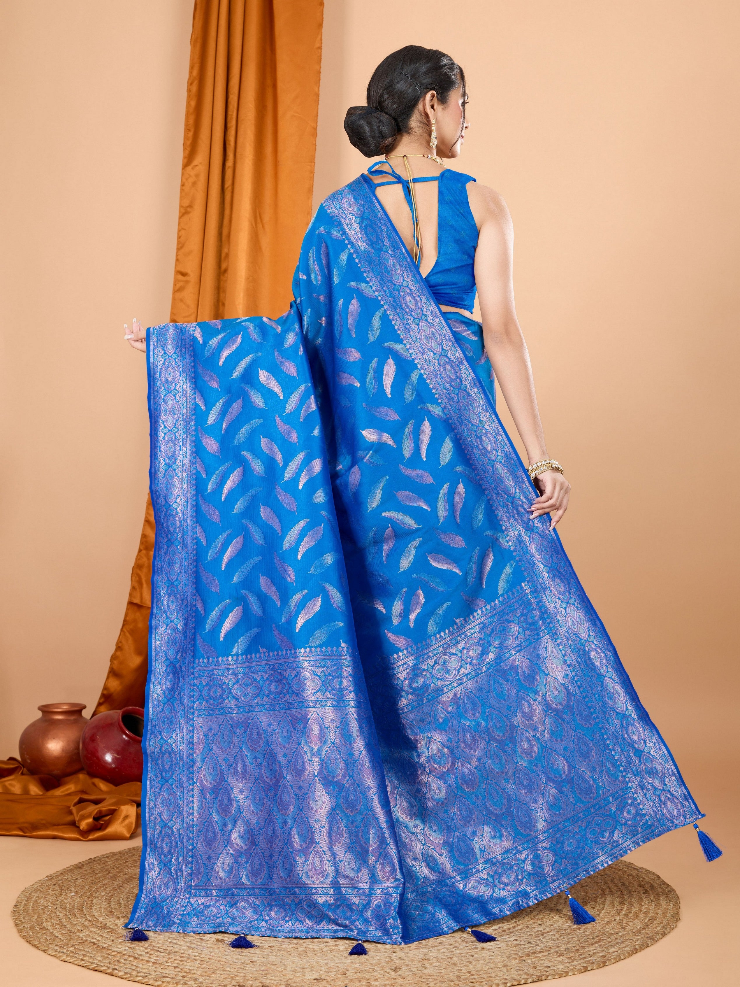 Woven Double Jari Designer Blue Soft Silk Partywear Saree