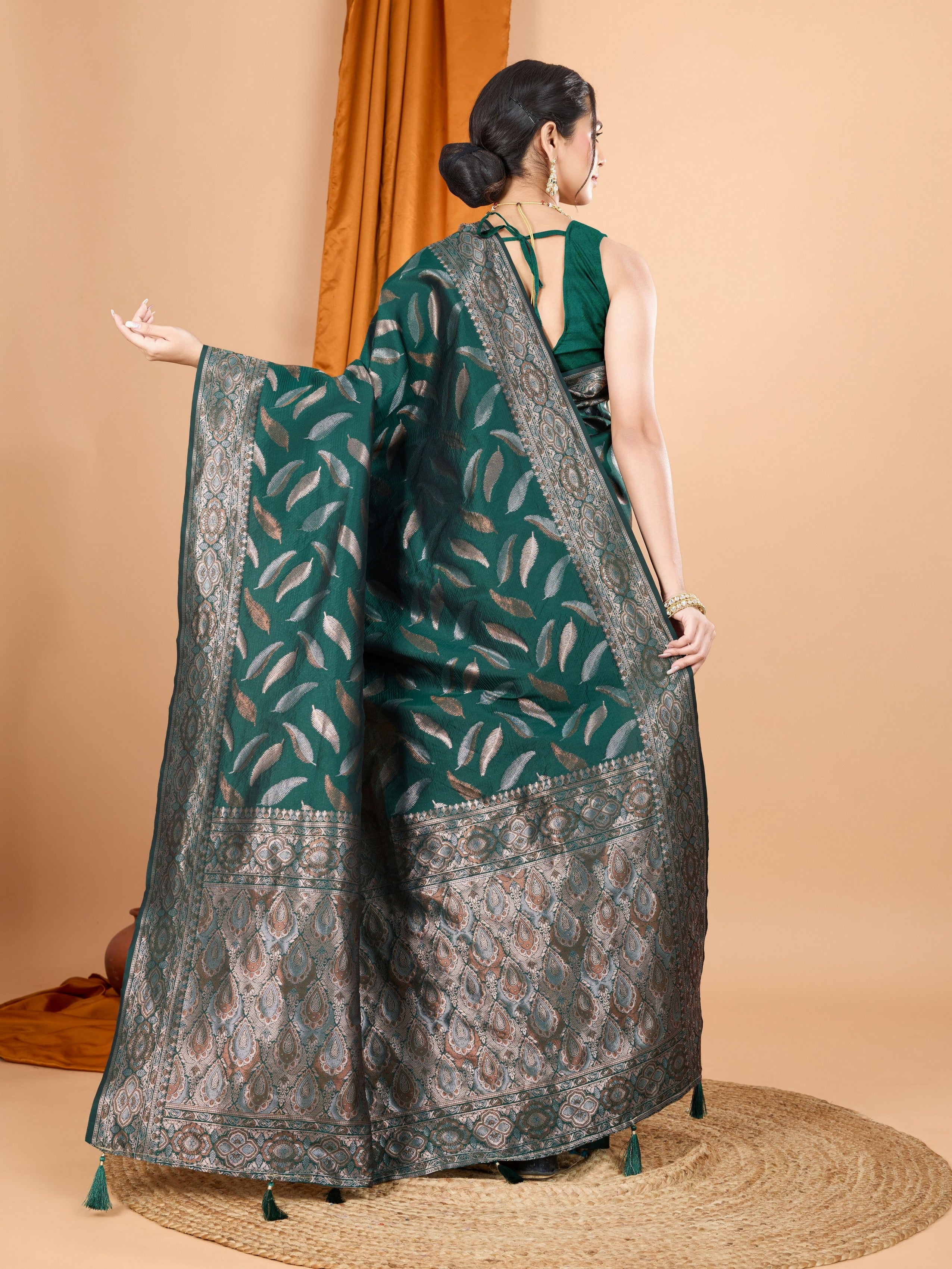 Woven Double Jari Designer Green Soft Silk Partywear Saree