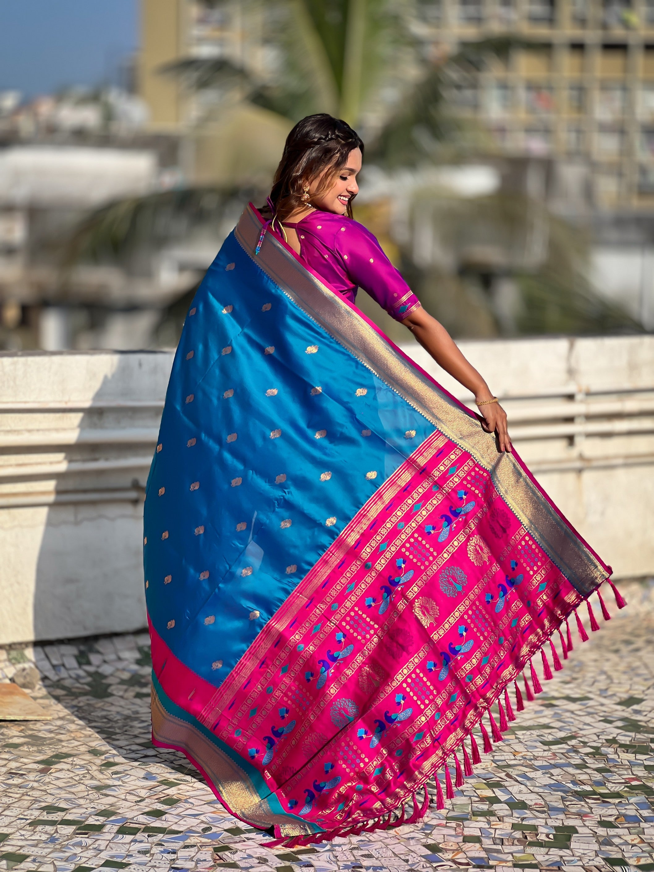 Woven Gold Jari Peacock Designer Blue Paithani Silk Ethnic Saree