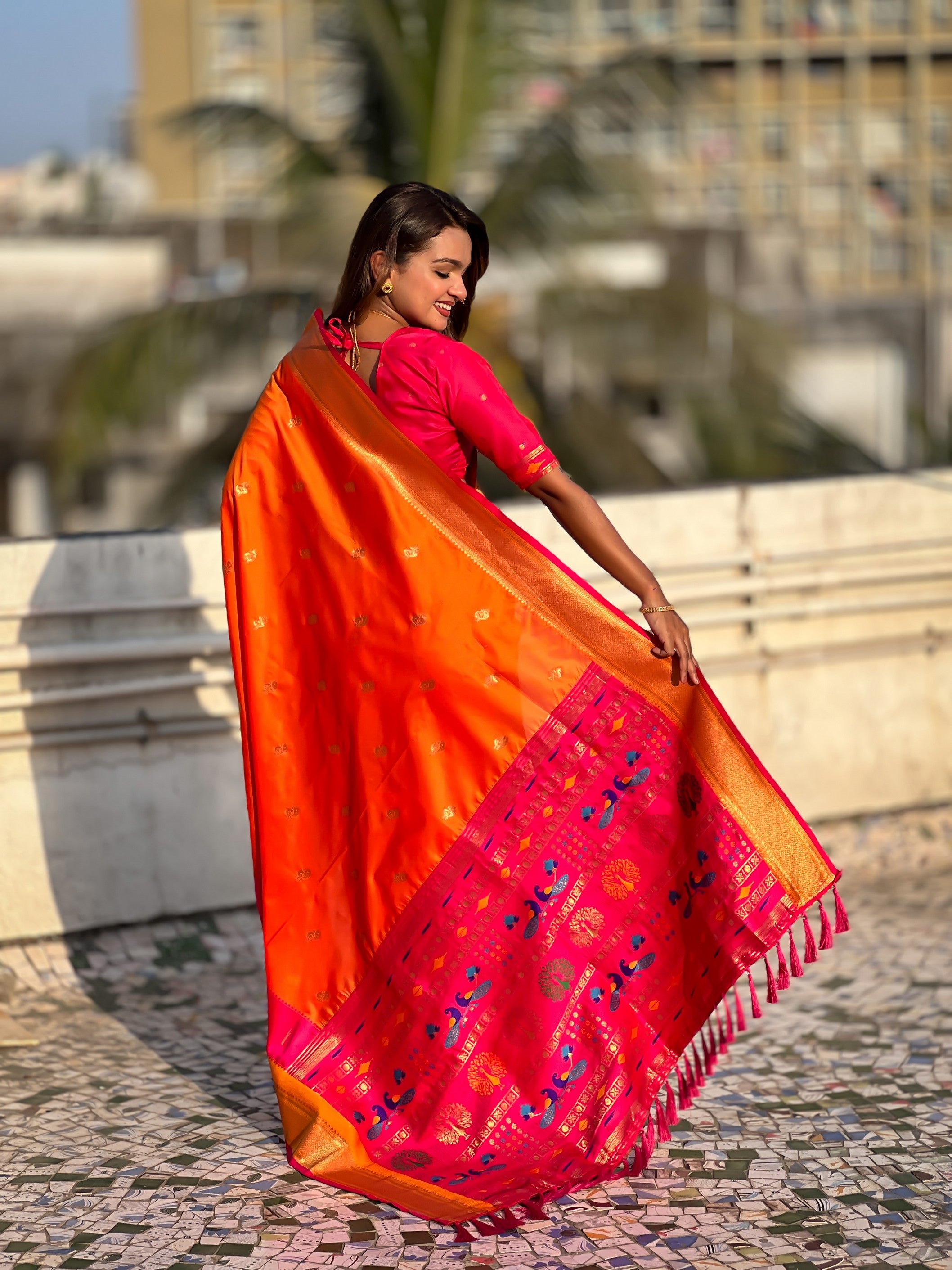 Woven Gold Jari Peacock Designer Orange Paithani Silk Ethnic Saree