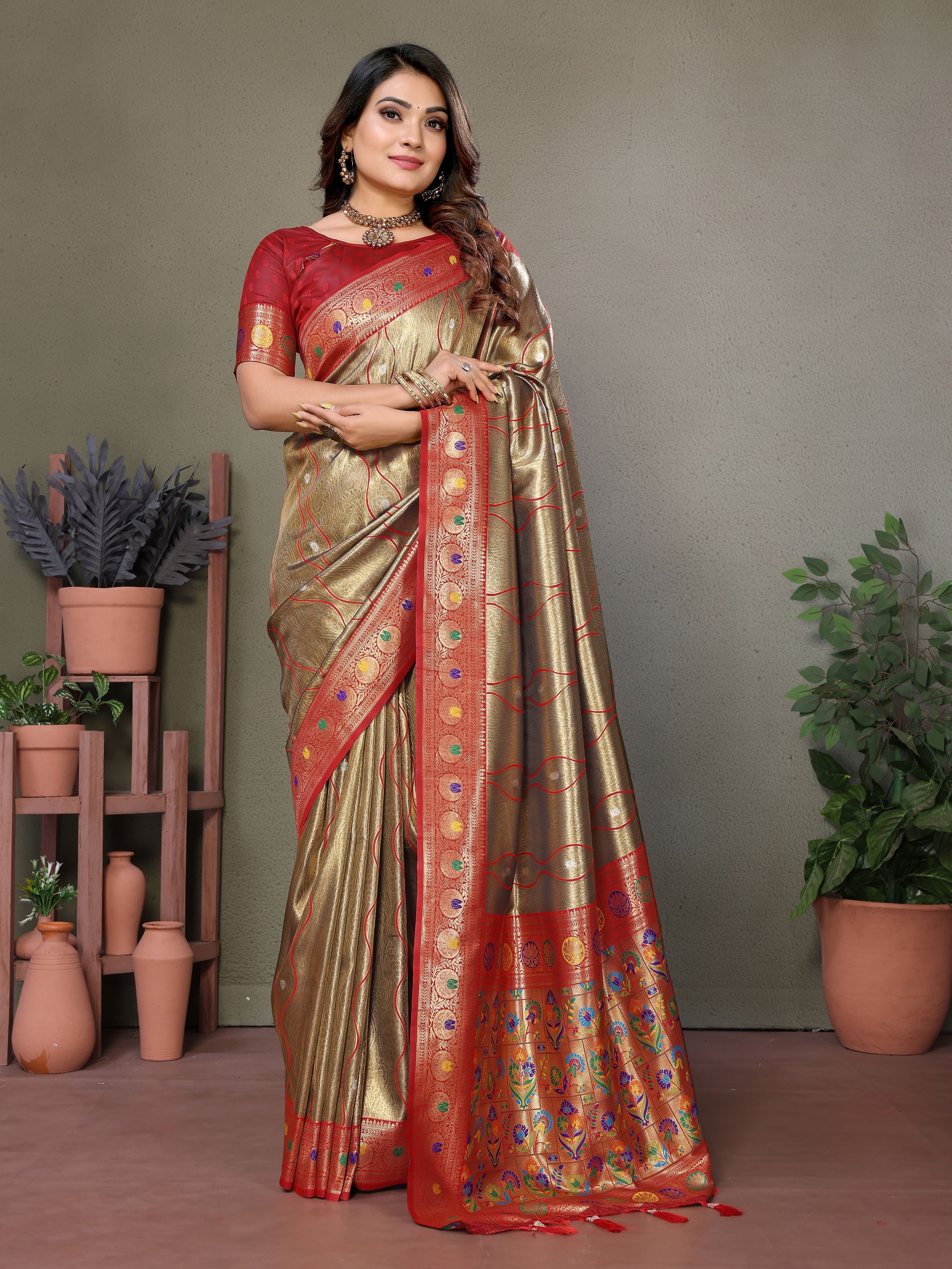 Woven Heavy Designer Banarasi Tissue Silk Brown Ethnic Ceremonial Saree