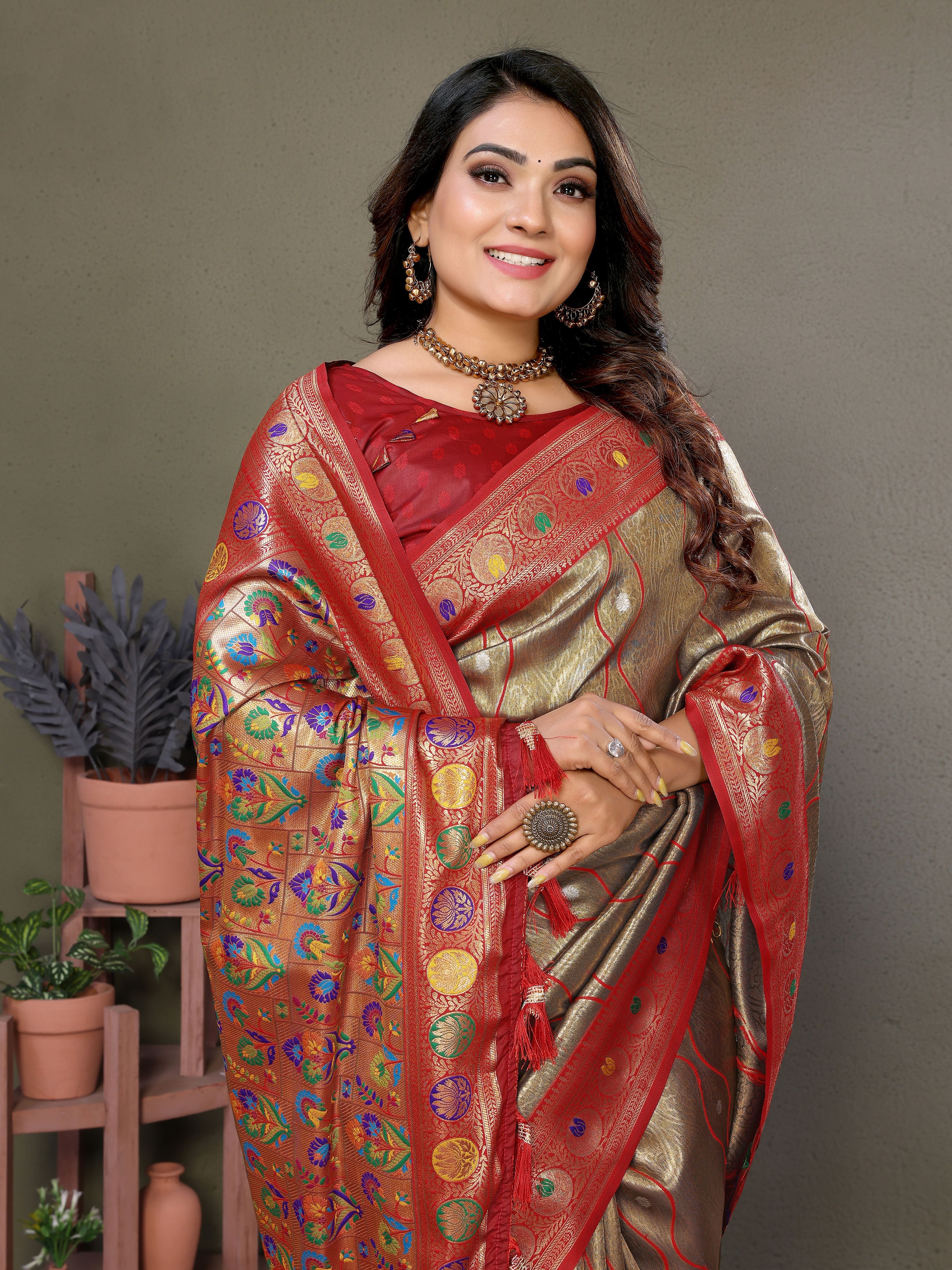 Woven Heavy Designer Banarasi Tissue Silk Brown Ethnic Ceremonial Saree